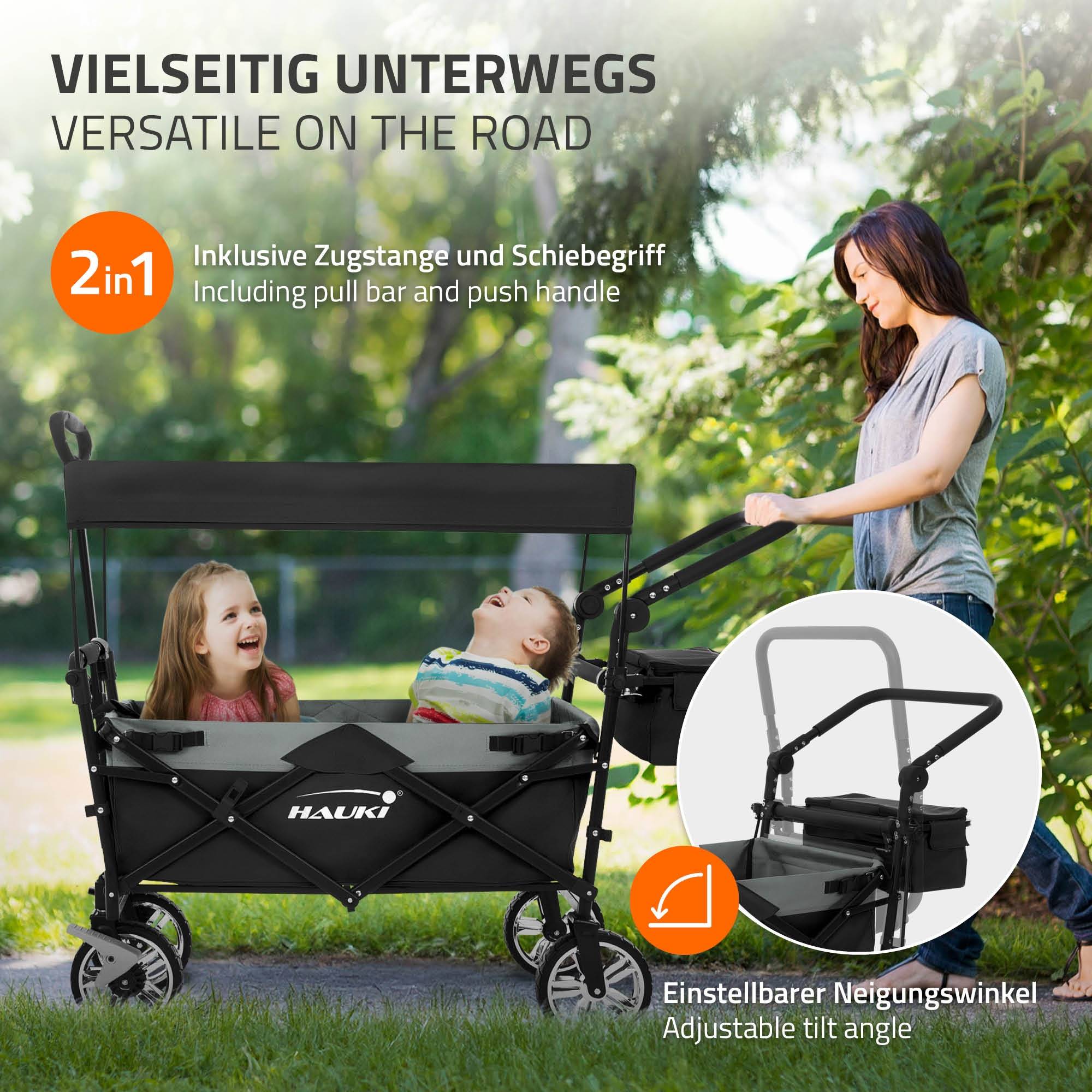 Chariot pliable avec toit noir-gris poussette de plage avec poches et siège à 2 places roulette avec freins pivotante 360° charge 120 kg pour enfant - Imagen 8