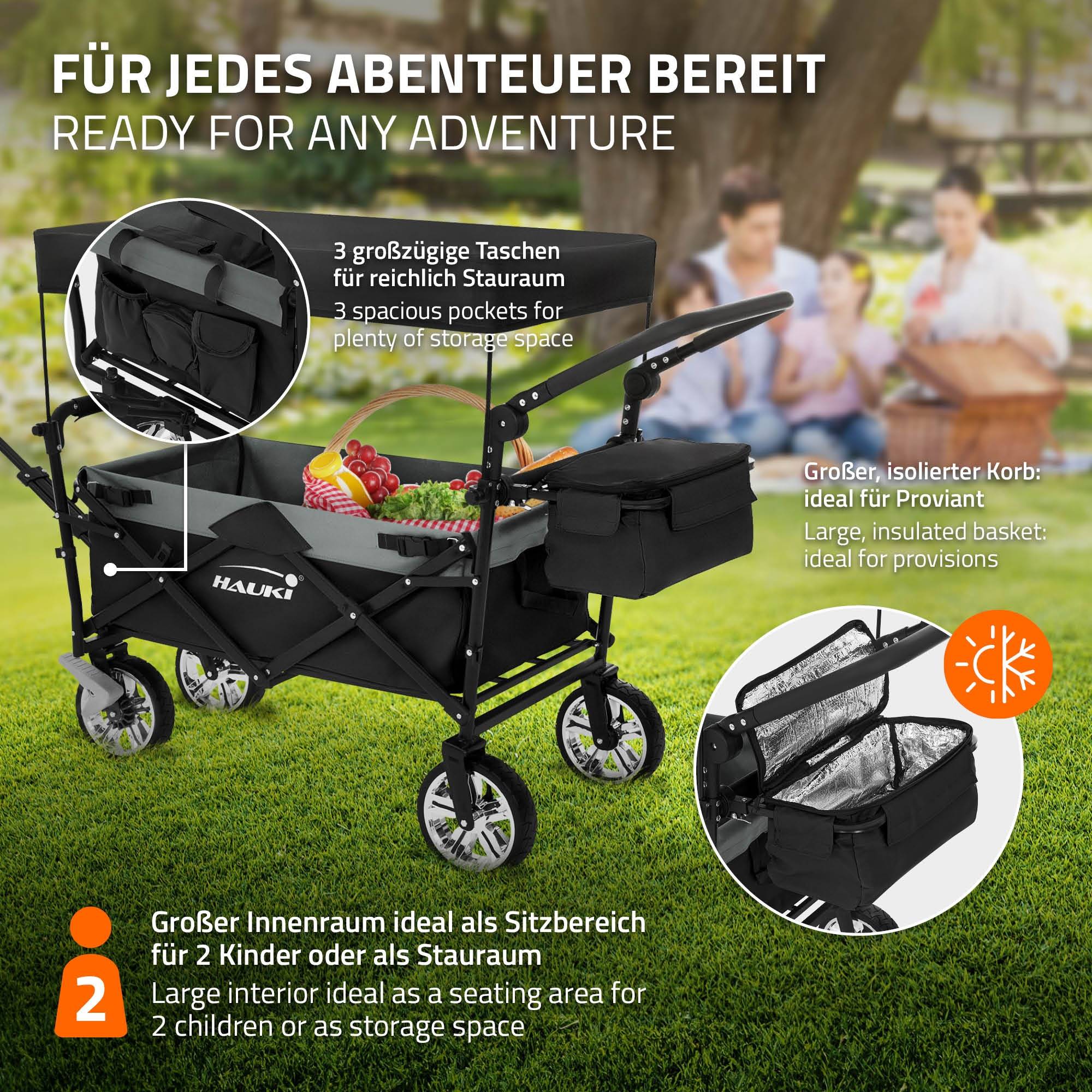 Chariot pliable avec toit noir-gris poussette de plage avec poches et siège à 2 places roulette avec freins pivotante 360° charge 120 kg pour enfant - Imagen 6