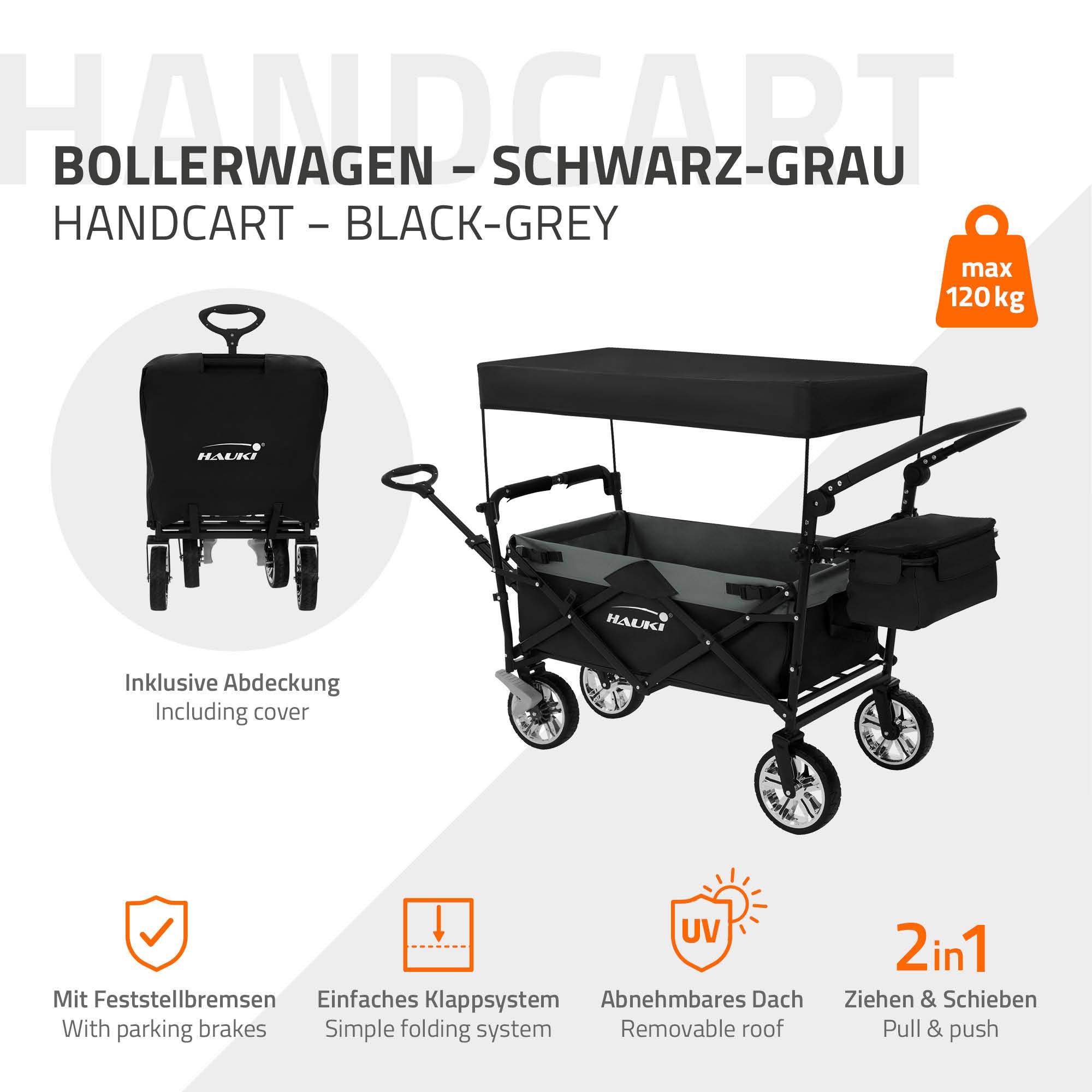 Chariot pliable avec toit noir-gris poussette de plage avec poches et siège à 2 places roulette avec freins pivotante 360° charge 120 kg pour enfant - Imagen 3