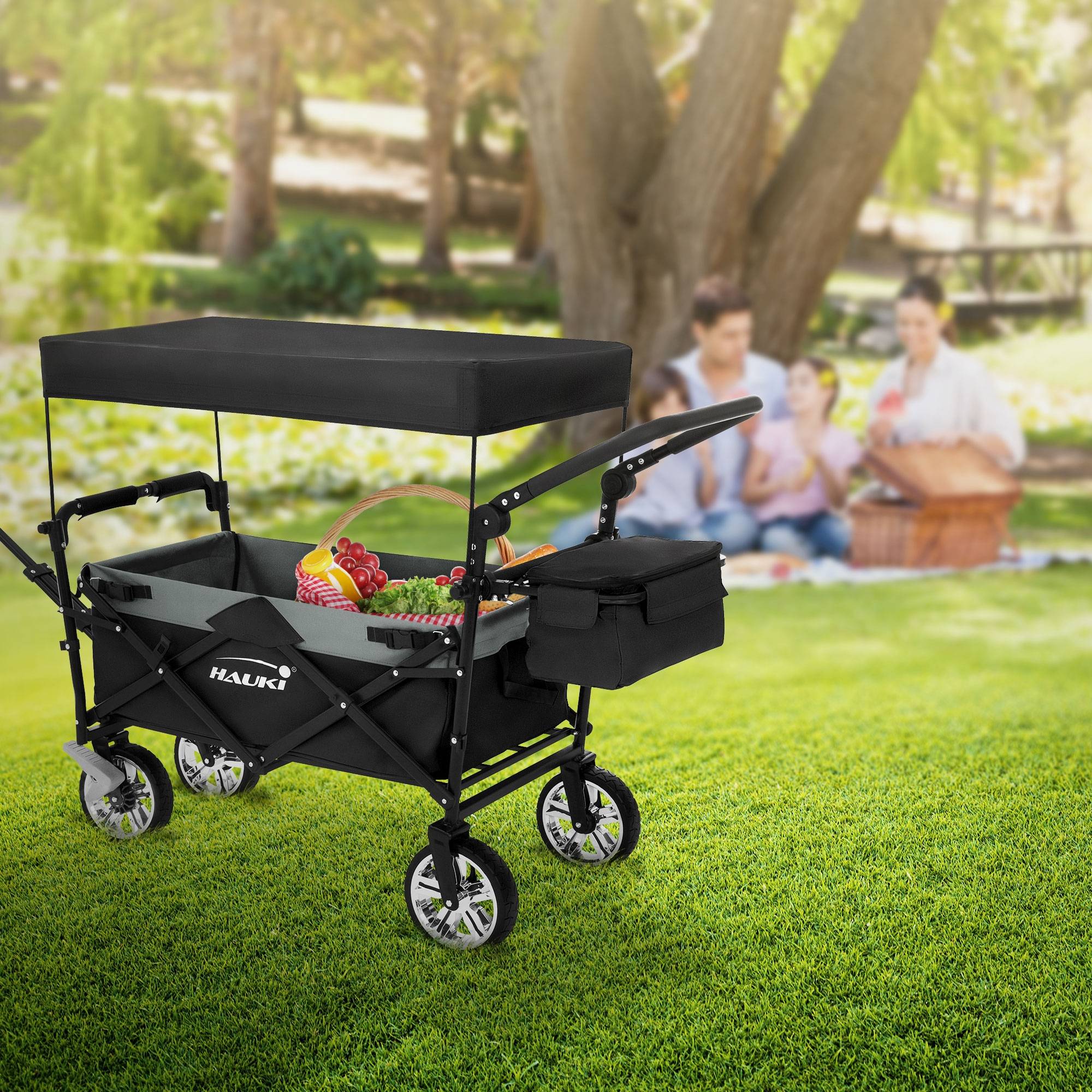 Chariot pliable avec toit noir-gris poussette de plage avec poches et siège à 2 places roulette avec freins pivotante 360° charge 120 kg pour enfant - Imagen 1