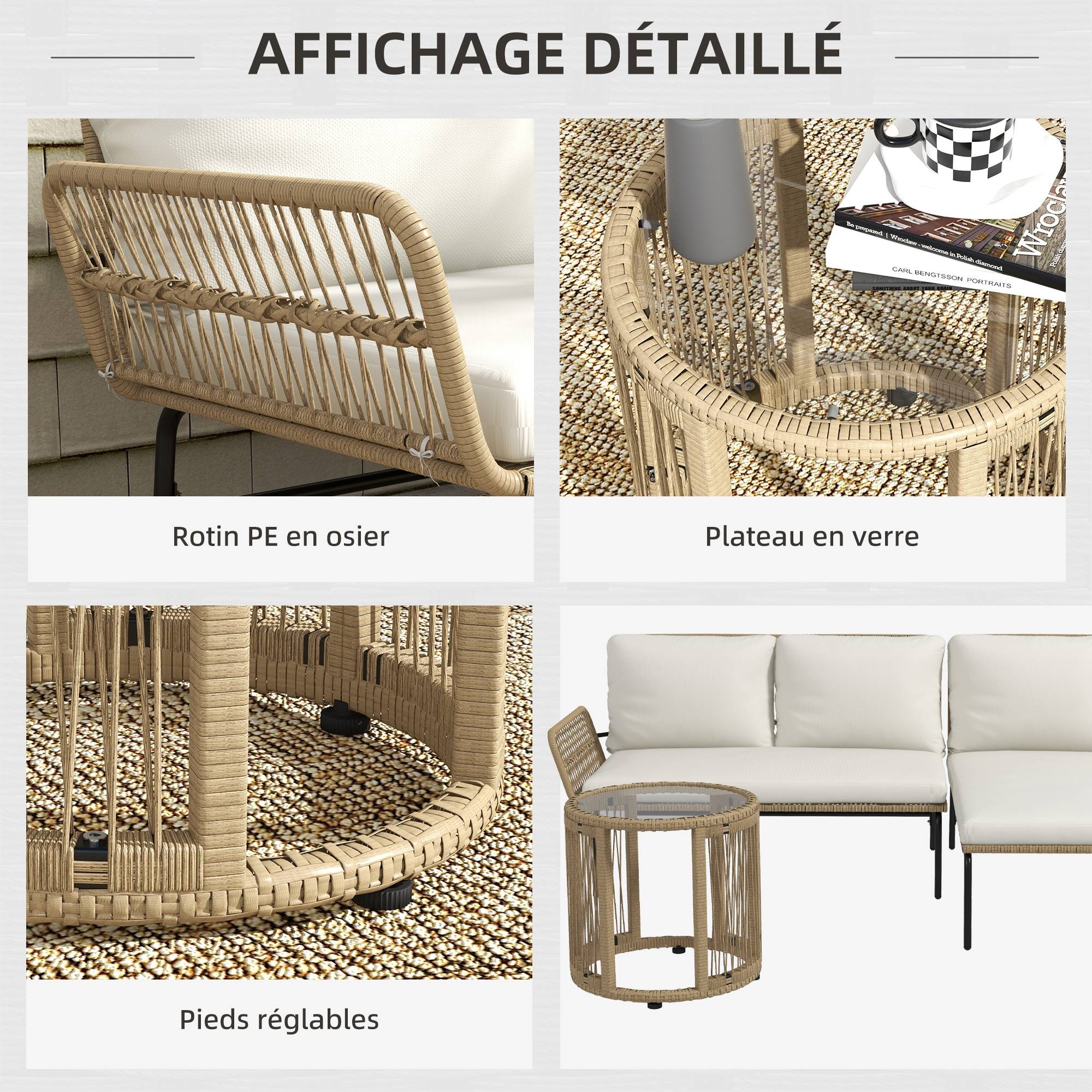 Sans Marque - Salon de jardin extérieur d'angle 3 places en résine tressée avec canapés, chaise longue, table basse et coussins, crème - Image 8