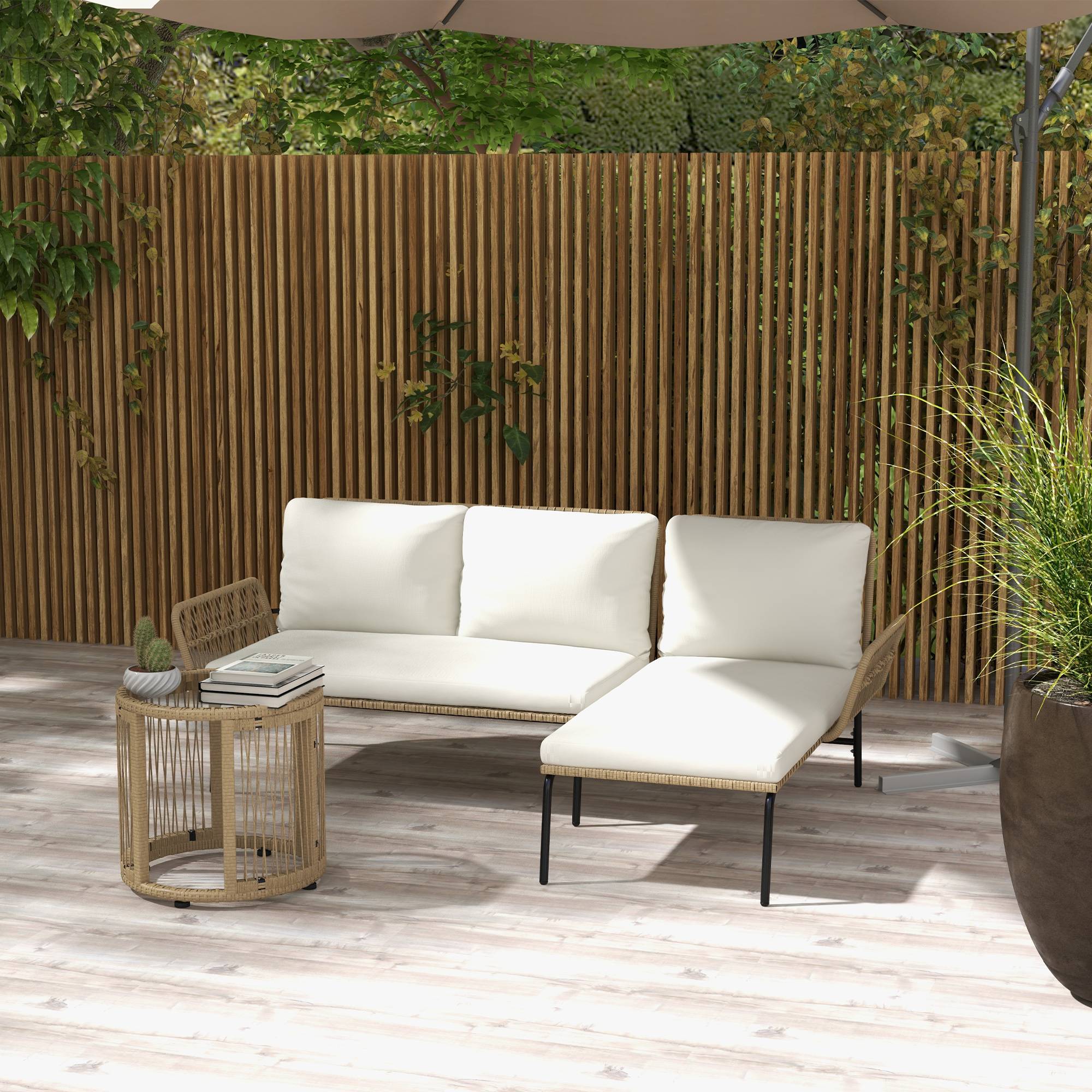 Sans Marque - Salon de jardin extérieur d'angle 3 places en résine tressée avec canapés, chaise longue, table basse et coussins, crème - Image 3