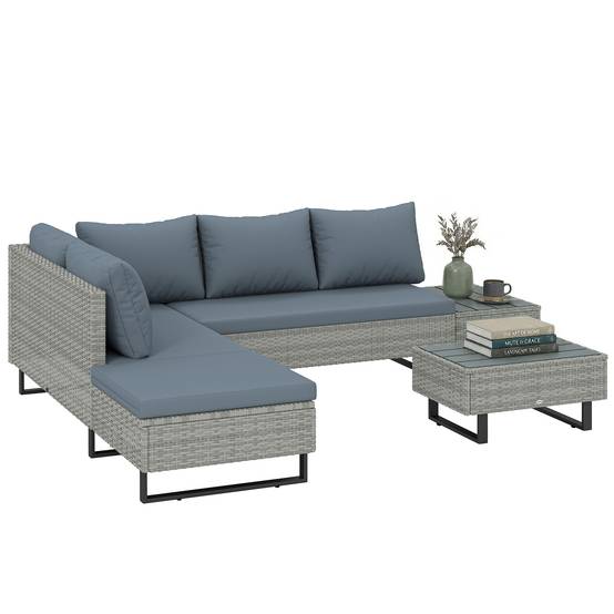 Salon de jardin d'angle 5 places design contemporain coussins déhoussables table basse acier époxy résine tressée beige - Image 2