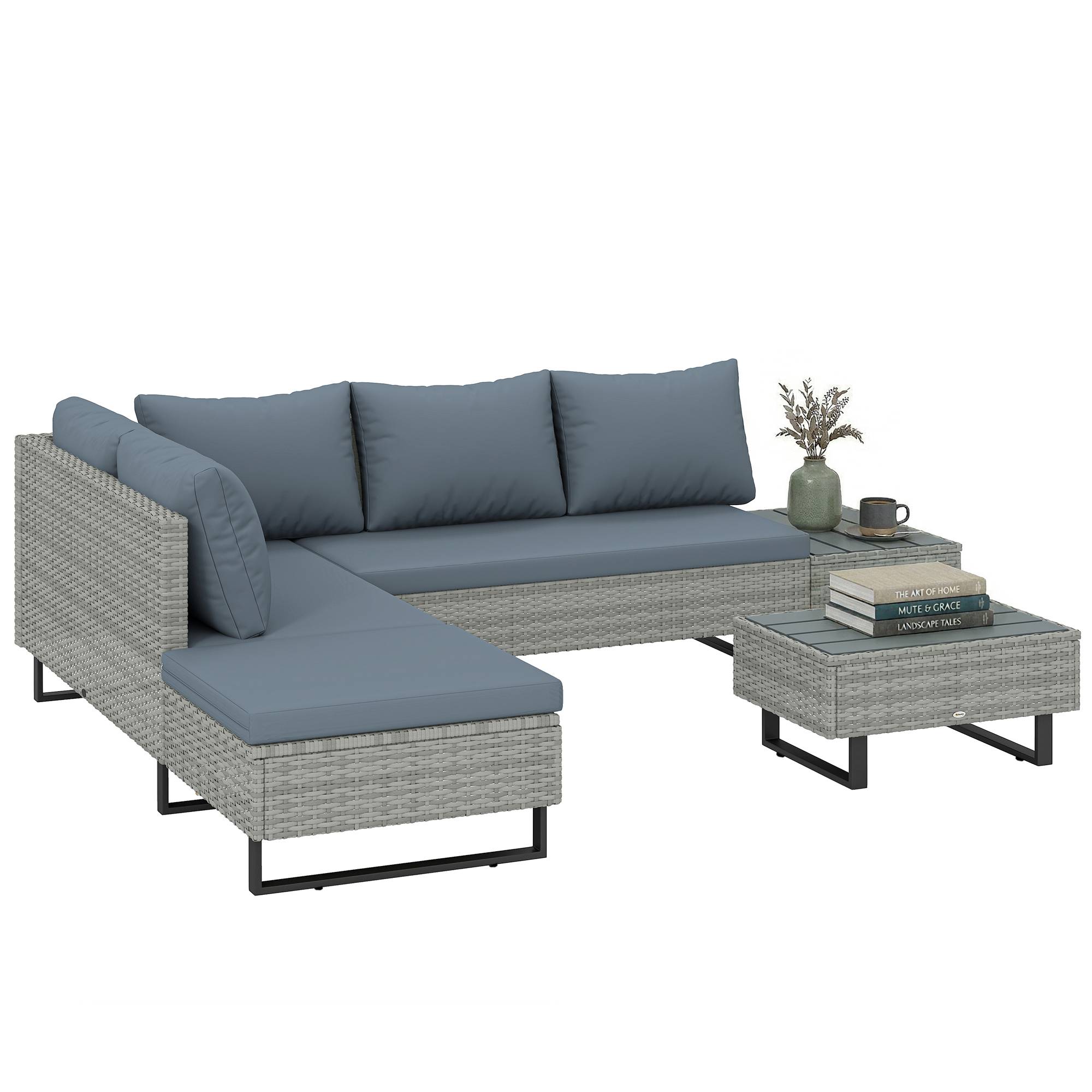 Salon de jardin d'angle 5 places design contemporain coussins déhoussables table basse acier époxy résine tressée beige - Image 2