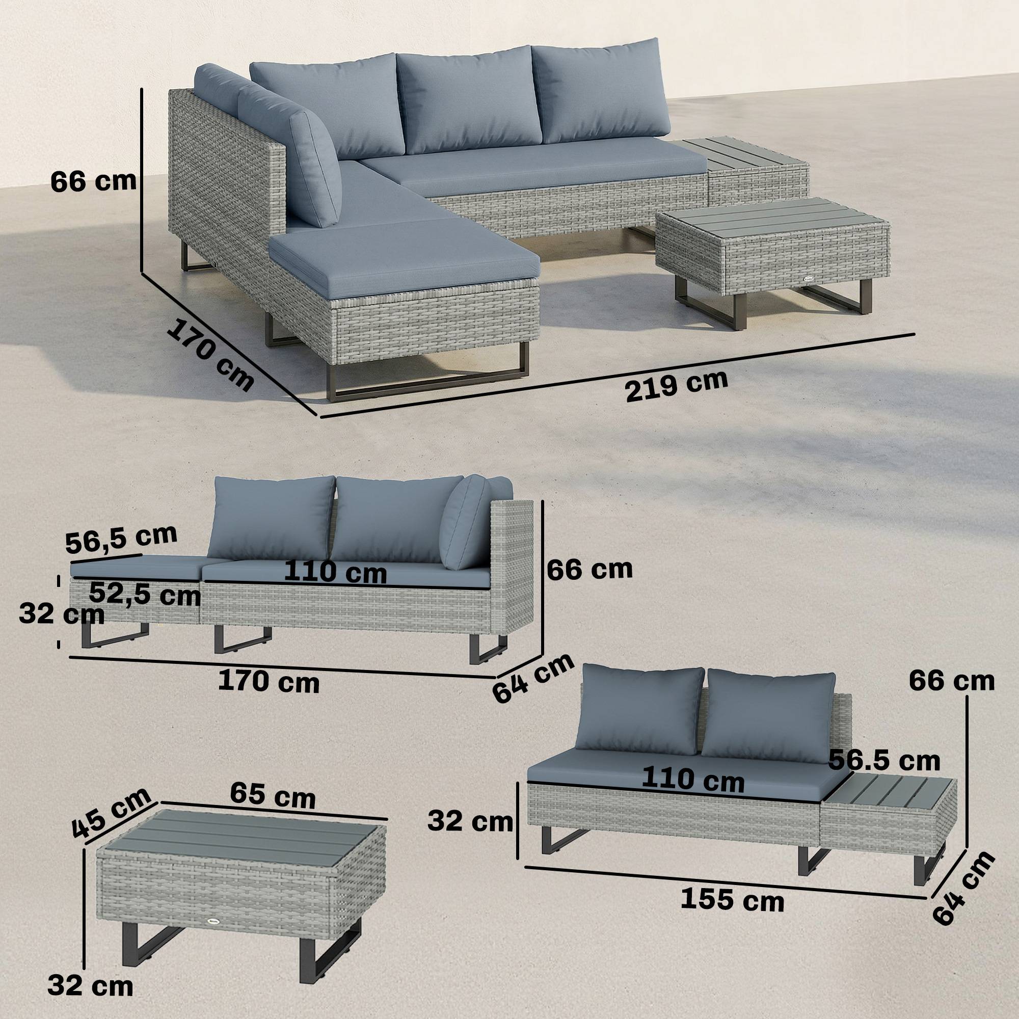 Salon de jardin d'angle 5 places design contemporain coussins déhoussables table basse acier époxy résine tressée beige - Image 5