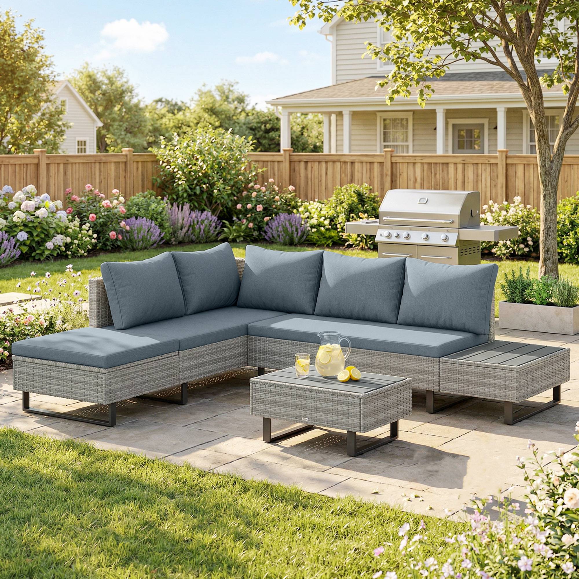 Salon de jardin d'angle 5 places design contemporain coussins déhoussables table basse acier époxy résine tressée beige - Image 3