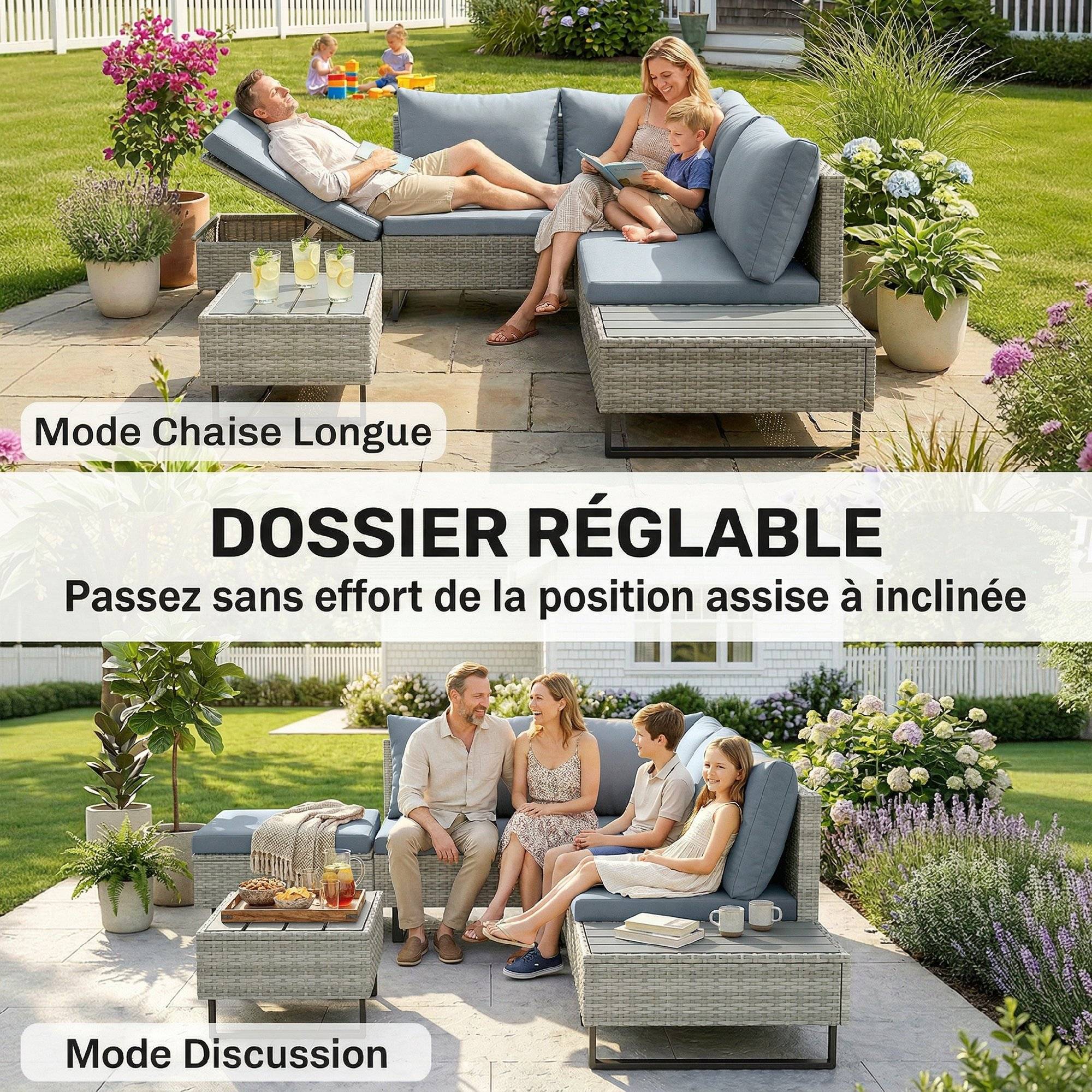 Salon de jardin d'angle 5 places design contemporain coussins déhoussables table basse acier époxy résine tressée beige - Image 6