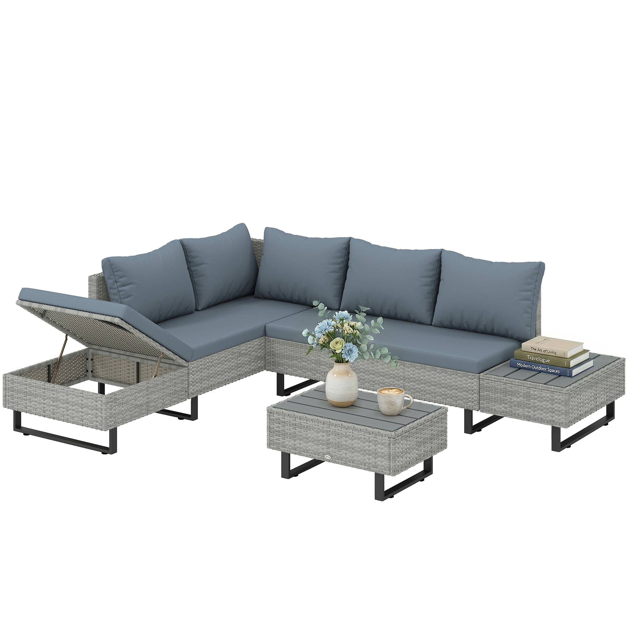 Salon de jardin d'angle 5 places design contemporain coussins déhoussables table basse acier époxy résine tressée beige - Image 1