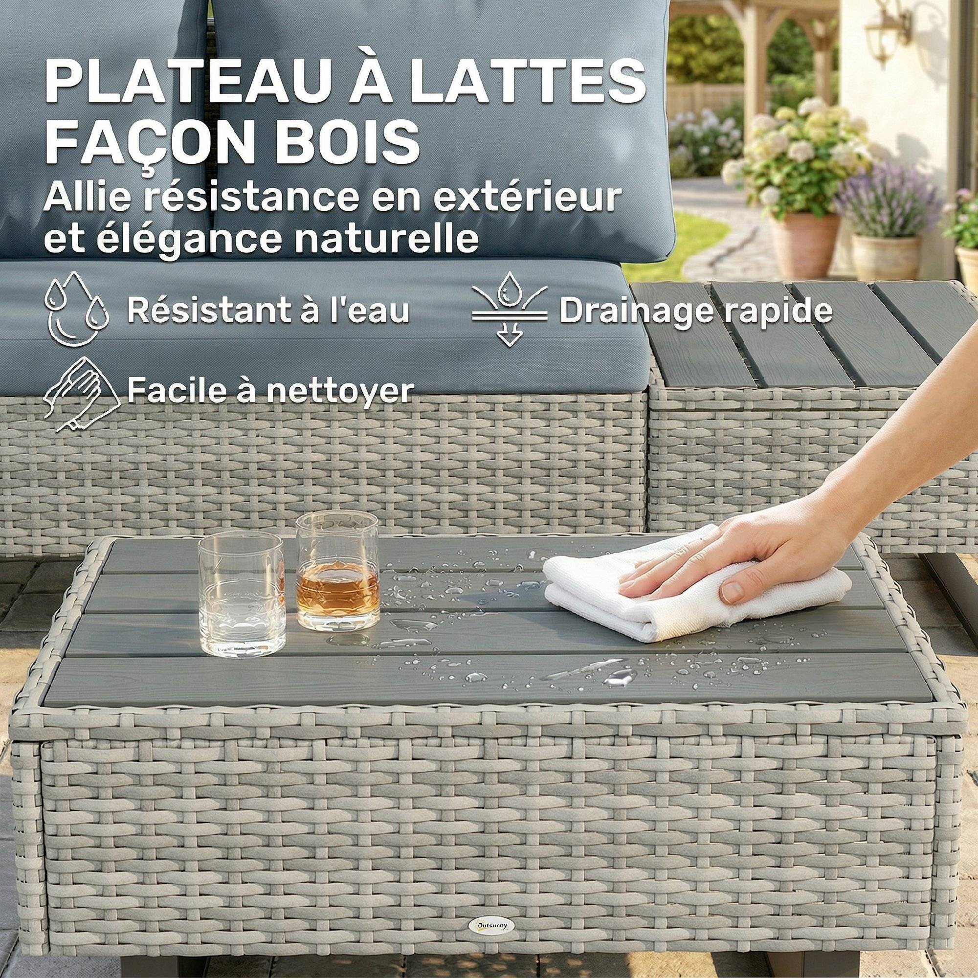 Salon de jardin d'angle 5 places design contemporain coussins déhoussables table basse acier époxy résine tressée beige - Image 8