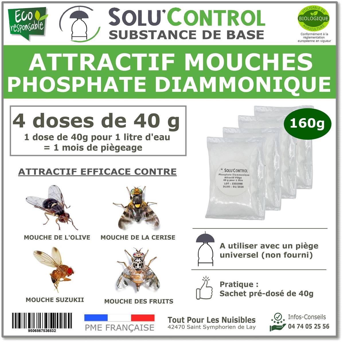 SOLU'CONTROL - Phosphate diammonique, appât naturel contre les mouches des fruits - sachet de 160g - Image 1