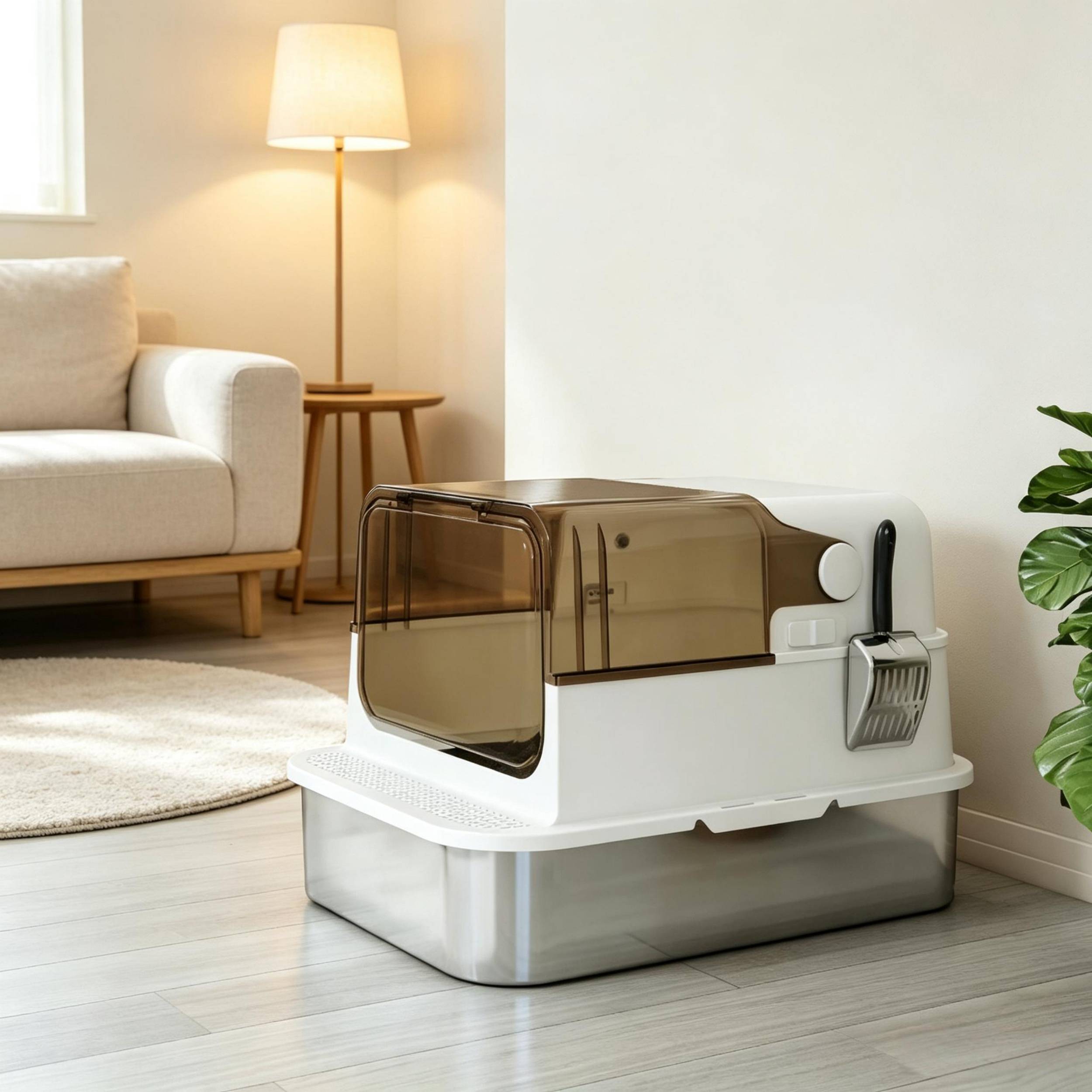 ComfortXL - Maison de toilette XL pour chat en acier inoxydable blanc 70 x 50 x 46,5 cm fermée avec contrôle des odeurs - Image 1