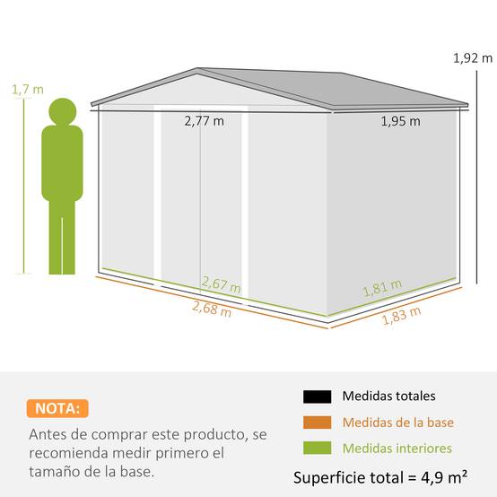 Abri de jardin 4,9 m² (277 x 195 x 192 cm) avec 2 portes coulissantes, toit en fibre de verre et 4 fenêtres, gris clair - Image 5