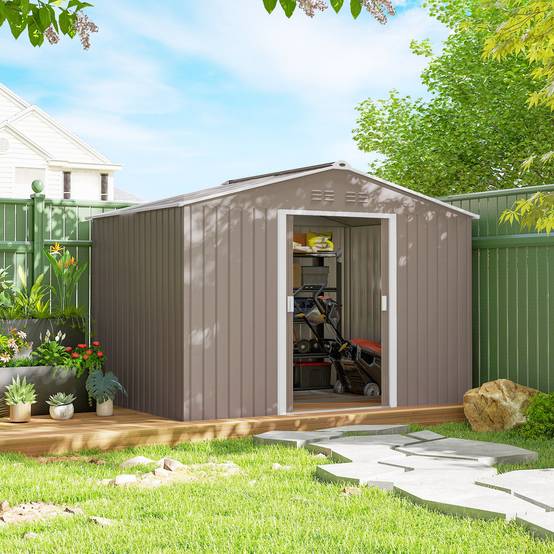 Abri de jardin 4,9 m² (277 x 195 x 192 cm) avec 2 portes coulissantes, toit en fibre de verre et 4 fenêtres, gris clair - Image 4