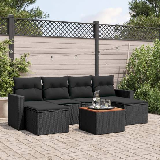 Salon de Jardin Bas 6 Places Résine Tressée Table en Bois d'Acacia pour Terrasse Noir – ComfortXL Outdoor Living - Image 1