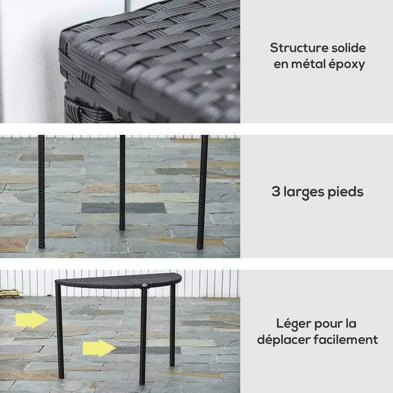 Table demi-lune Résine tressée Balcon Jardin Gain de place 100x50cm Noir - ComfortXL Outdoor Living - Image 8