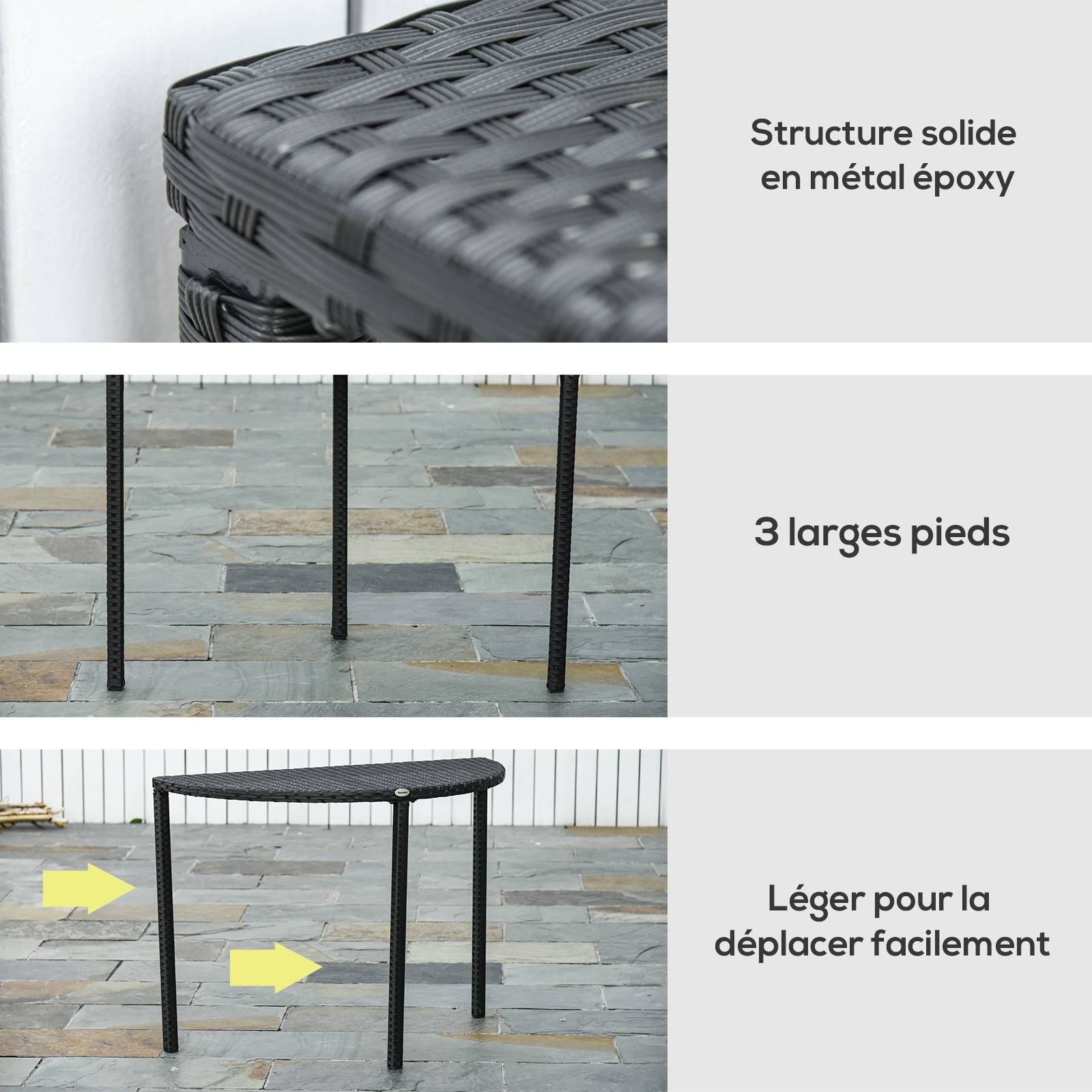 Table demi-lune Résine tressée Balcon Jardin Gain de place 100x50cm Noir - ComfortXL Outdoor Living - Image 8