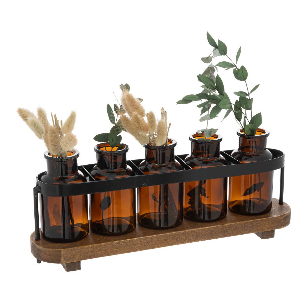 Compo 5 Soliflores avec Plantes séchées dans un socle en bois et métal - Image 1