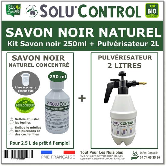 SOLU'CONTROL - Kit Savon Noir Naturel - 250ml + Pulvérisateur 2L - Nettoyant Feuilles, enlève le miellat, agit contre pucerons et cochenilles - Image 1