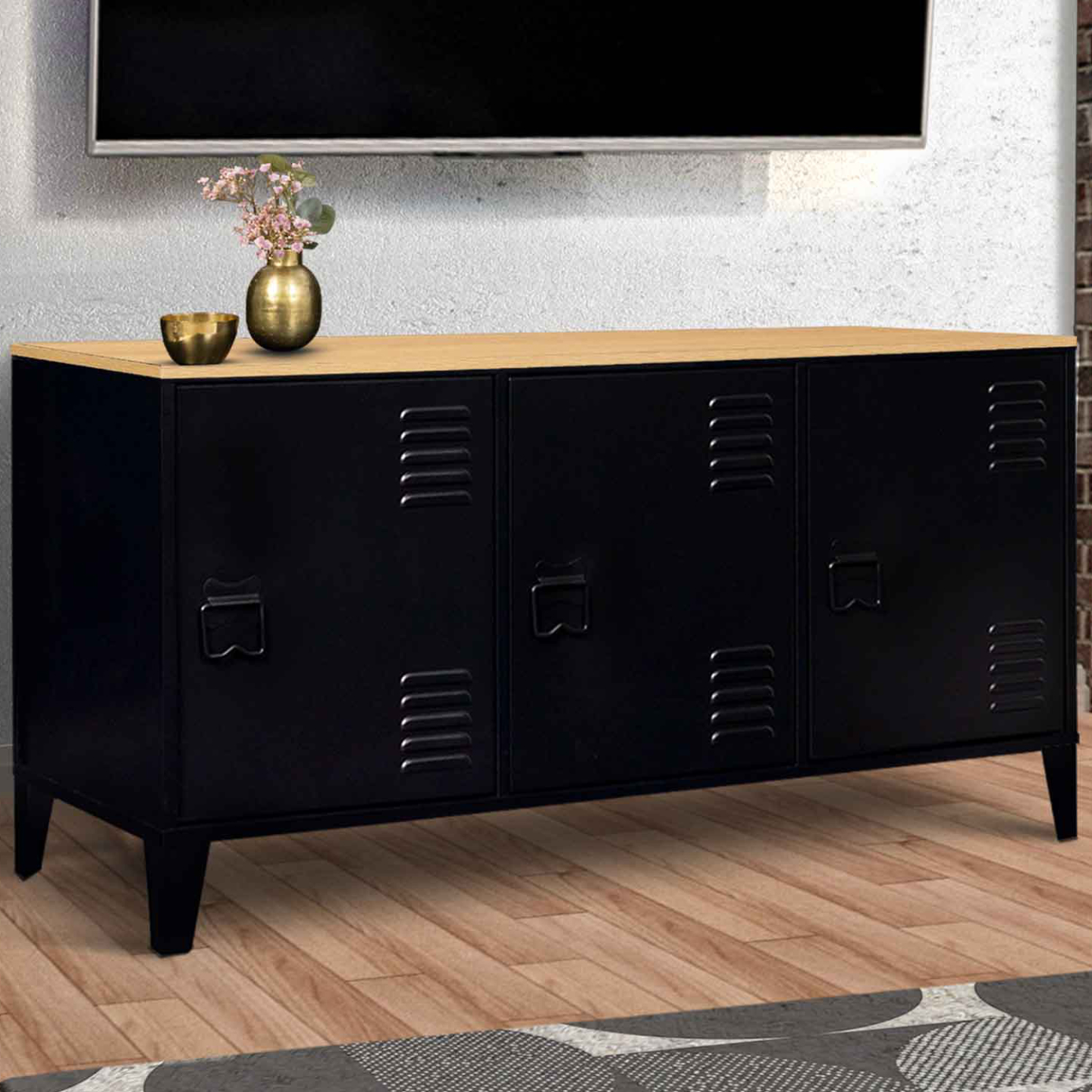 Buffet bas 113 cm ESTER 3 portes métal noir plateau bois design industriel - Image 1