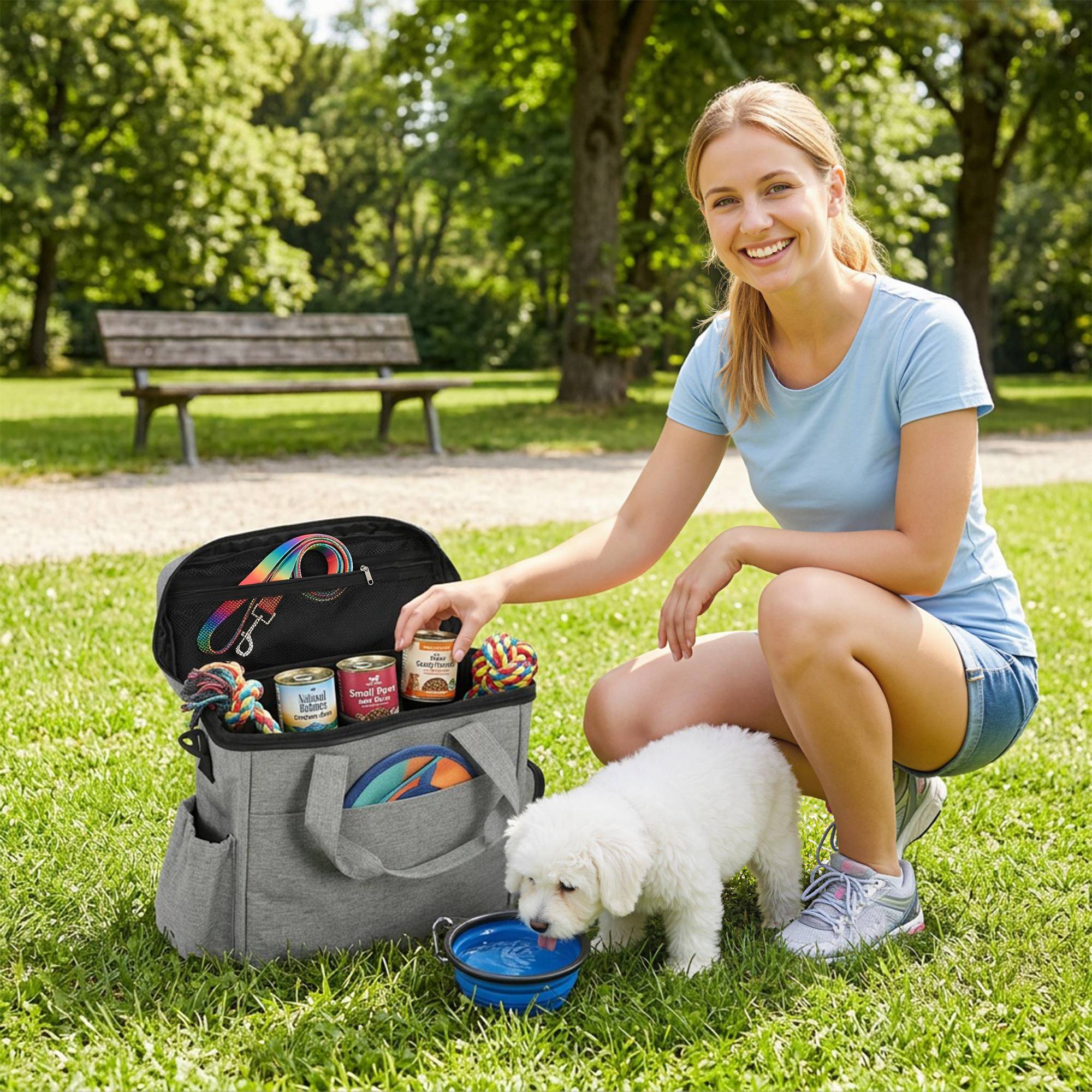 Sac transport chien tissu voyages poches multiples sacs nourriture bol gris clair - ComfortXL Outdoor Living - Image 4