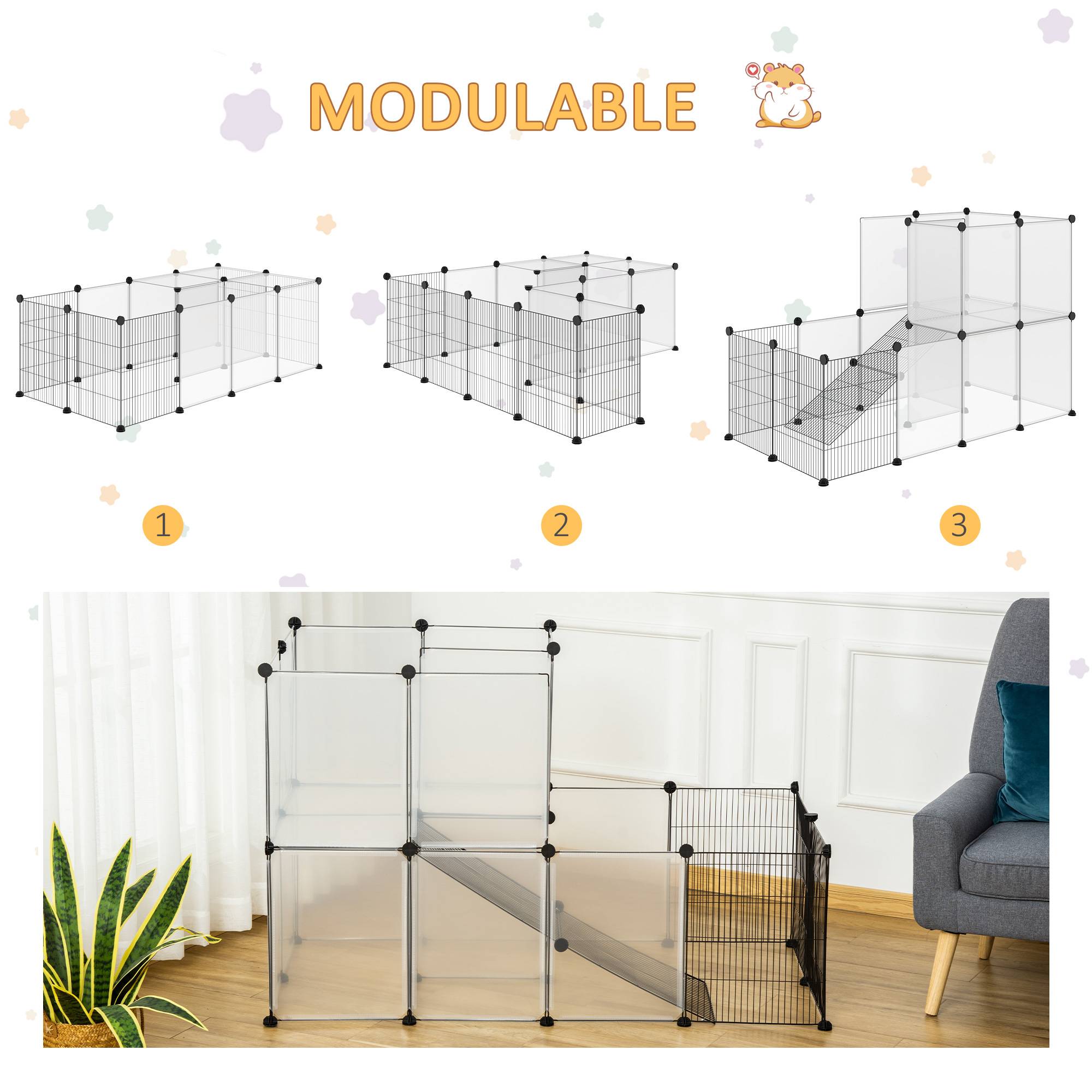Parc pour petits animaux 27 panneaux, forme personnalisable pour cobayes, lapins et chinchillas, 140x70x90 cm, transparent - Image 6