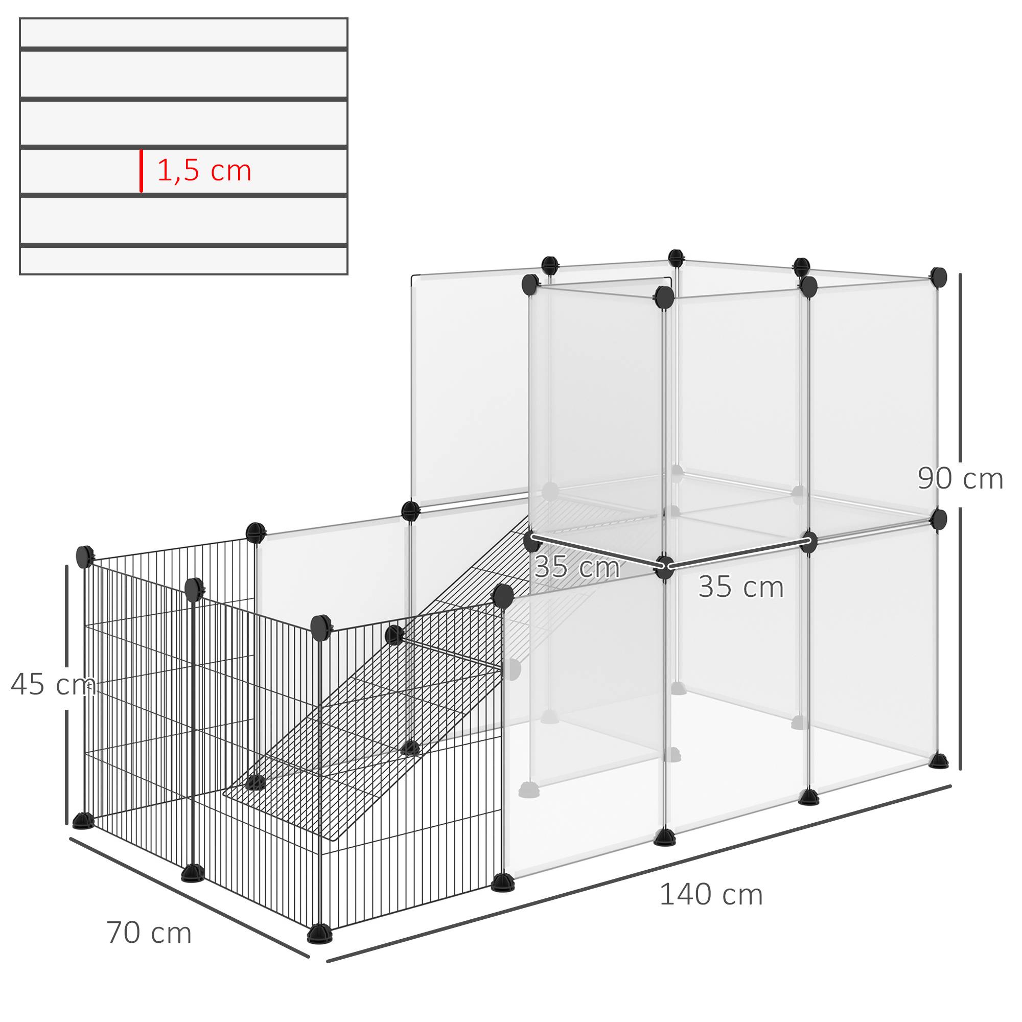 Parc pour petits animaux 27 panneaux, forme personnalisable pour cobayes, lapins et chinchillas, 140x70x90 cm, transparent - Image 5