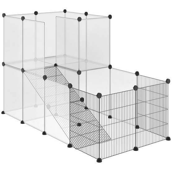 Parc pour petits animaux 27 panneaux, forme personnalisable pour cobayes, lapins et chinchillas, 140x70x90 cm, transparent - Image 1