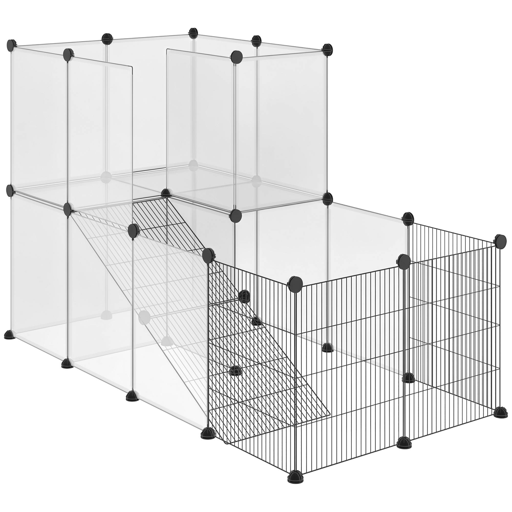 Parc pour petits animaux 27 panneaux, forme personnalisable pour cobayes, lapins et chinchillas, 140x70x90 cm, transparent - Image 1
