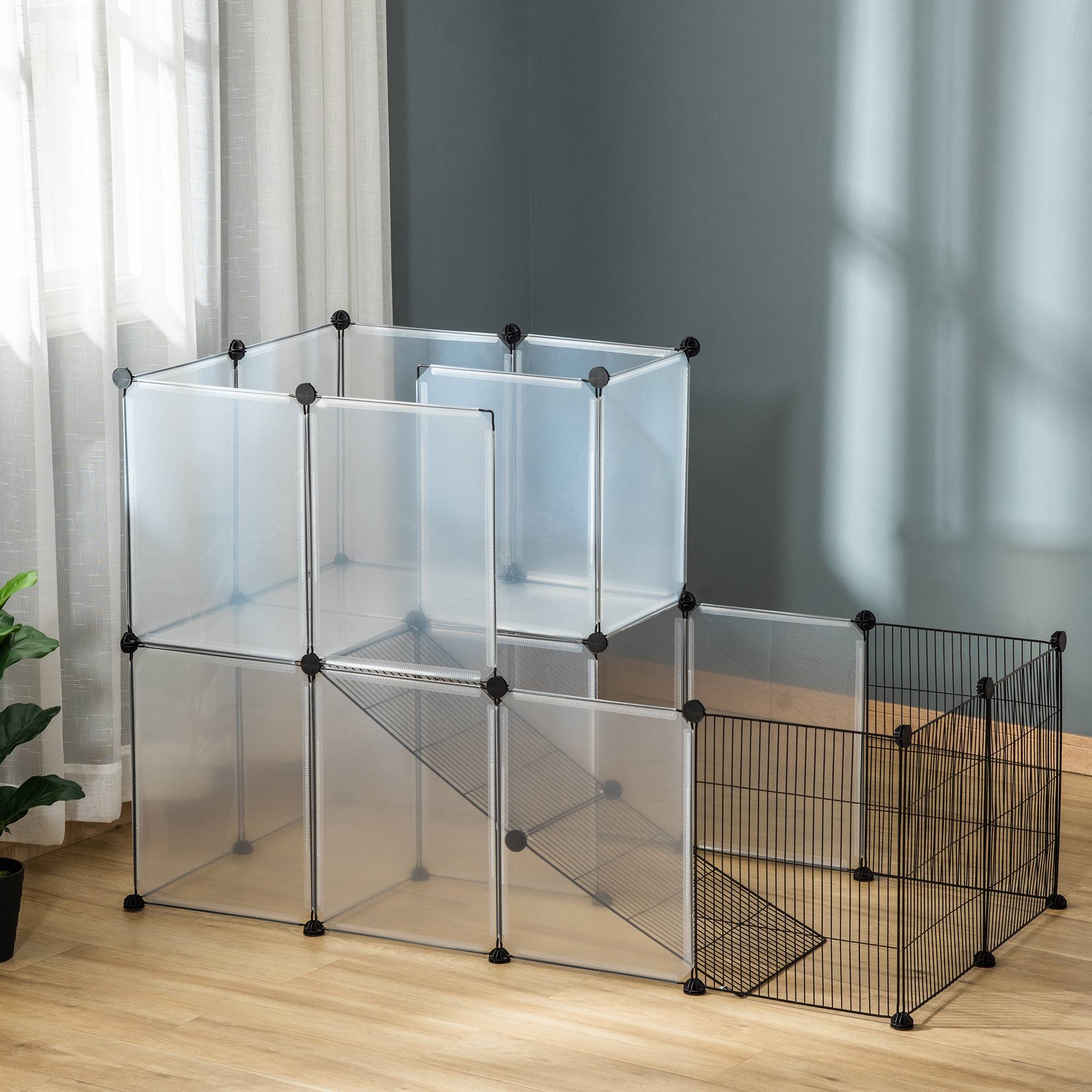 Parc pour petits animaux 27 panneaux, forme personnalisable pour cobayes, lapins et chinchillas, 140x70x90 cm, transparent - Image 4