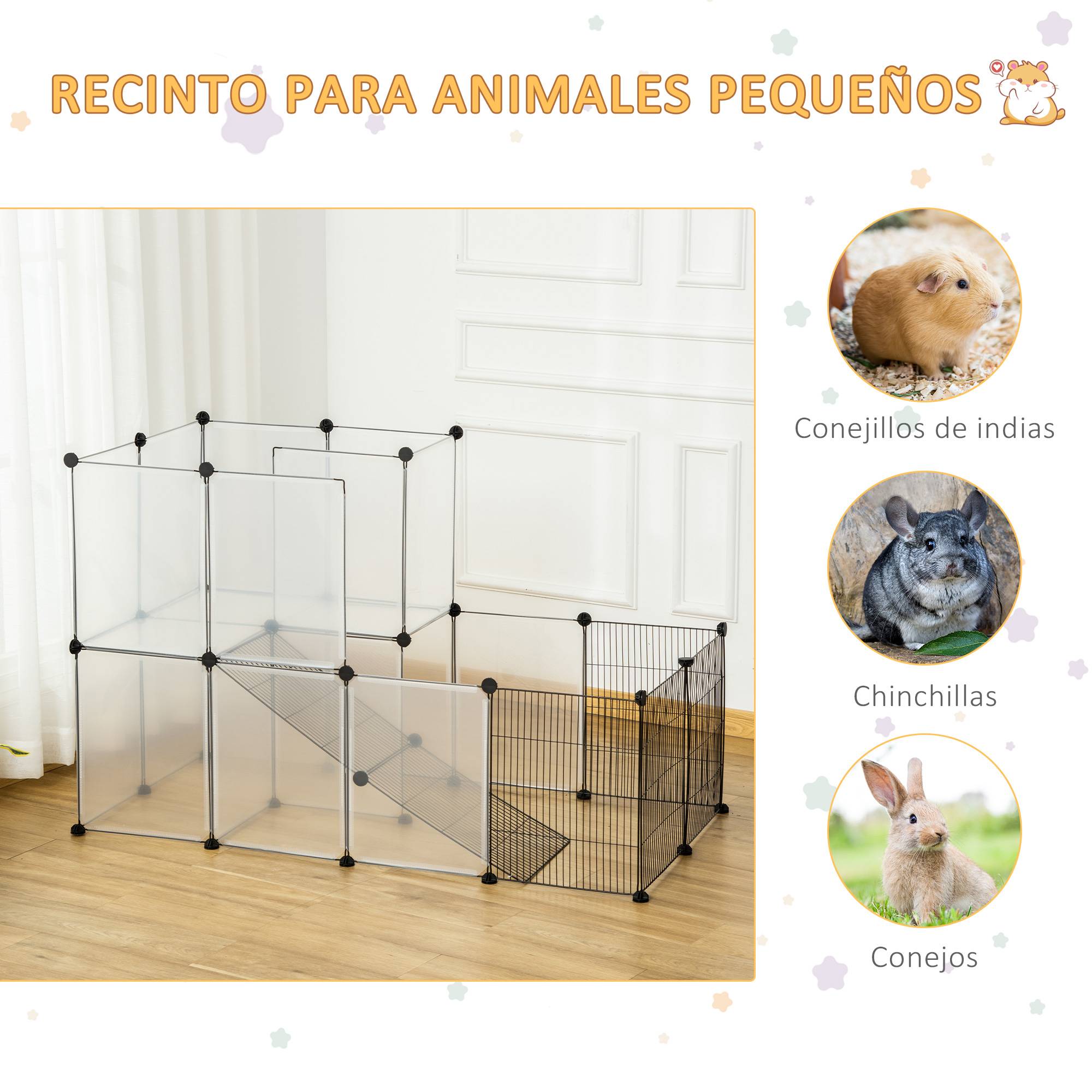 Parc pour petits animaux 27 panneaux, forme personnalisable pour cobayes, lapins et chinchillas, 140x70x90 cm, transparent - Image 7