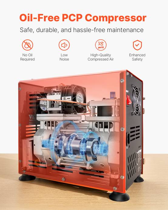 VEVOR Compresseur PCP 800W 30 MPa double cylindre, refroidissement ventilateur, arrêt automatique, sans huile pour paintball - Image 3