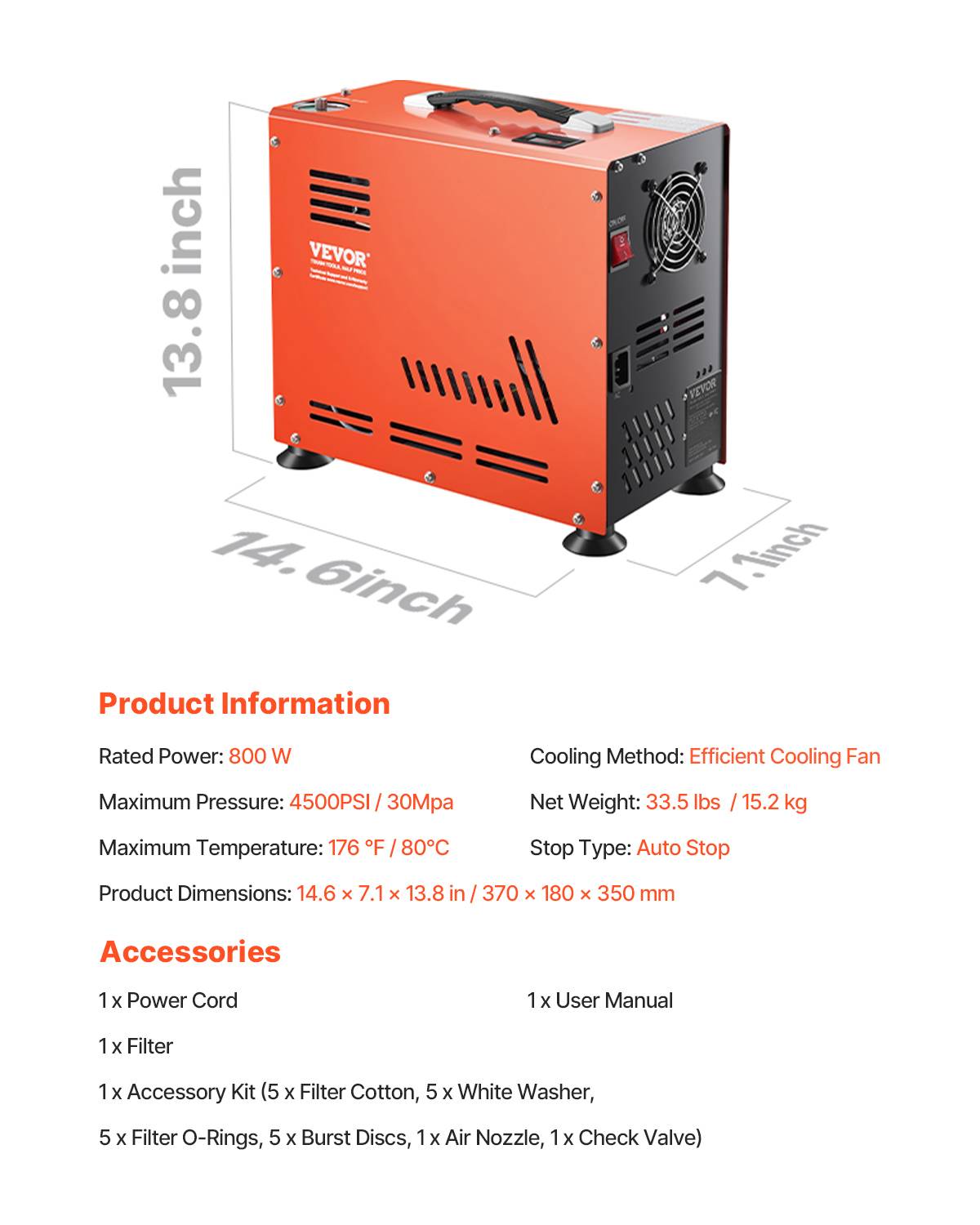 VEVOR Compresseur PCP 800W 30 MPa double cylindre, refroidissement ventilateur, arrêt automatique, sans huile pour paintball - Image 7