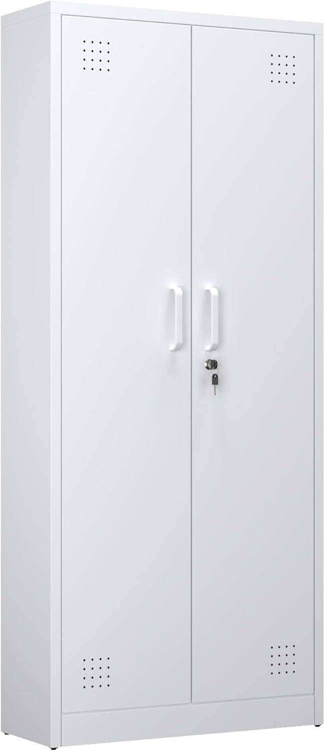 Armoire de rangement métallique pour balais et accessoires, fermeture magnétique – 70 x 30 x 165 cm, Blanc** - Image 3