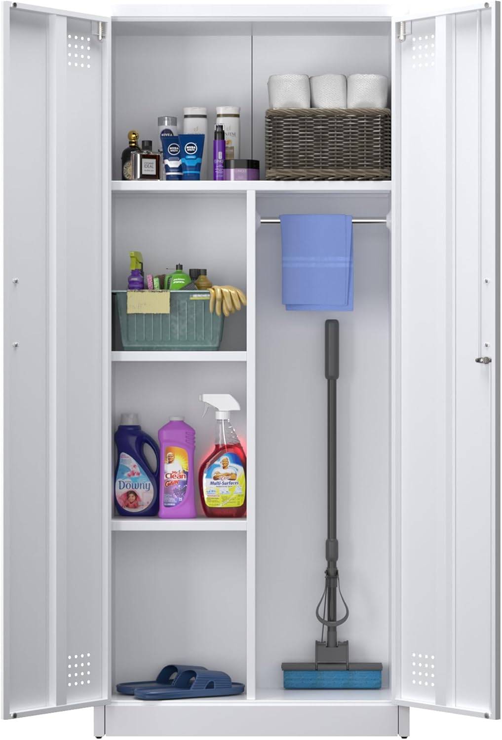 Armoire de rangement métallique pour balais et accessoires, fermeture magnétique – 70 x 30 x 165 cm, Blanc** - Image 1