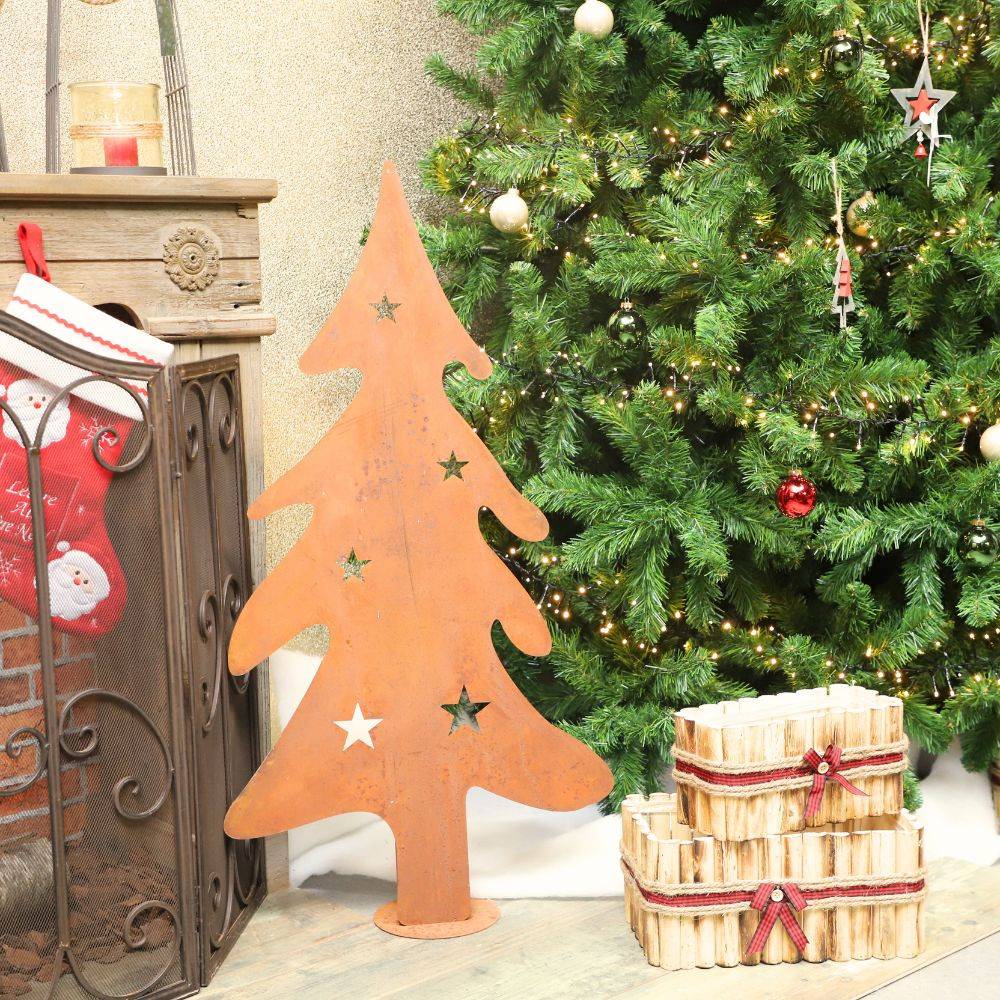 Sapin de Noël décoratif jardin extérieur métal rouillé marron 100cm Chemin de campagne - Image 2