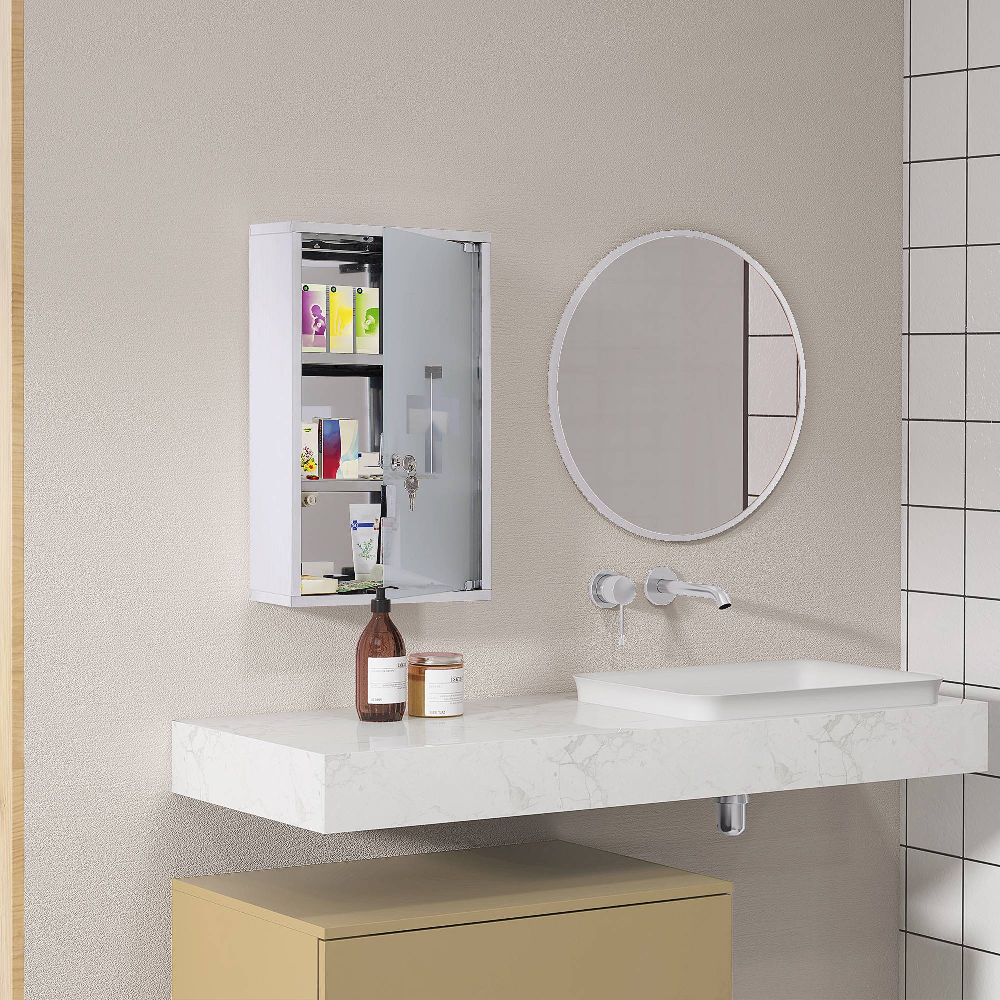 Sans Marque - Armoire pharmacie acier inoxydable verrouillable 3 compartiments porte vitrée 30x18x50 cm - Image 3