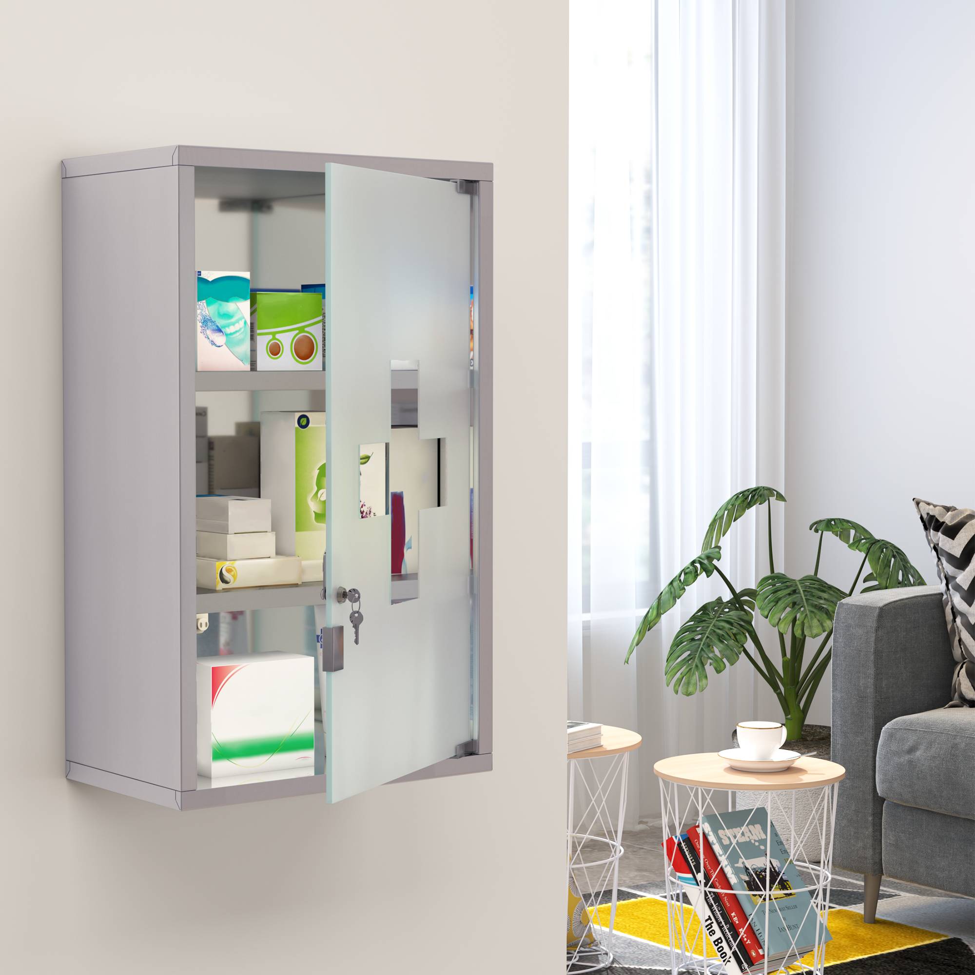 Sans Marque - Armoire pharmacie acier inoxydable verrouillable 3 compartiments porte vitrée 30x18x50 cm - Image 4