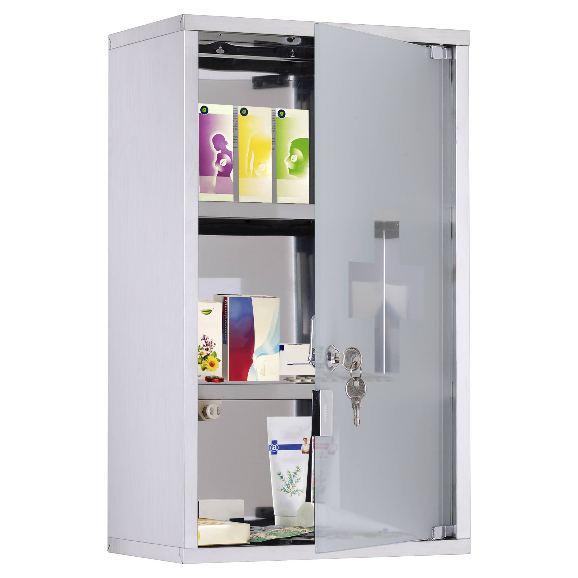 Sans Marque - Armoire pharmacie acier inoxydable verrouillable 3 compartiments porte vitrée 30x18x50 cm - Image 2