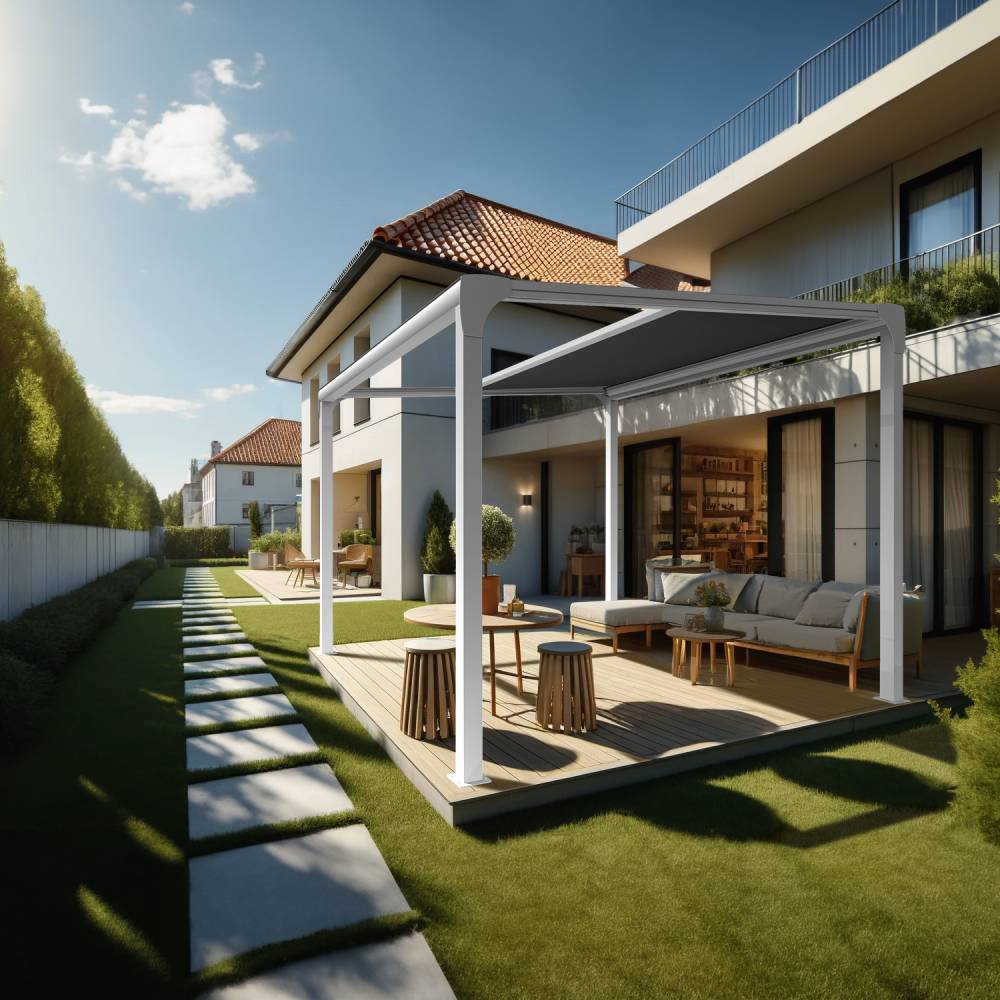 Pergola toile TILA îlot 3,50x3,50m Motorisé à télécommande + manœuvre de secours (Gris Graphite - Blanc) - Alia Productions - Imagen 2