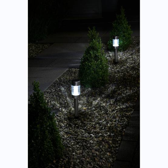 Balise solaire inox 42 cm, verre rainuré, halo lumineux ao sol, à planter ou poser, design moderne - Image 2