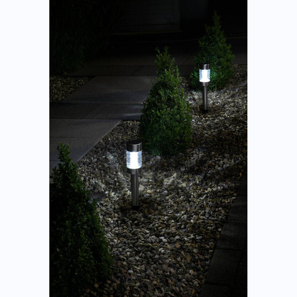 Balise solaire inox 42 cm, verre rainuré, halo lumineux ao sol, à planter ou poser, design moderne - Image 2