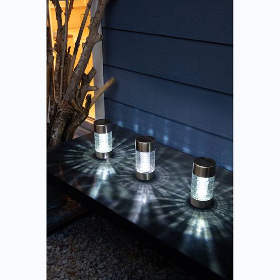 Balise solaire inox 42 cm, verre rainuré, halo lumineux ao sol, à planter ou poser, design moderne - Image 4