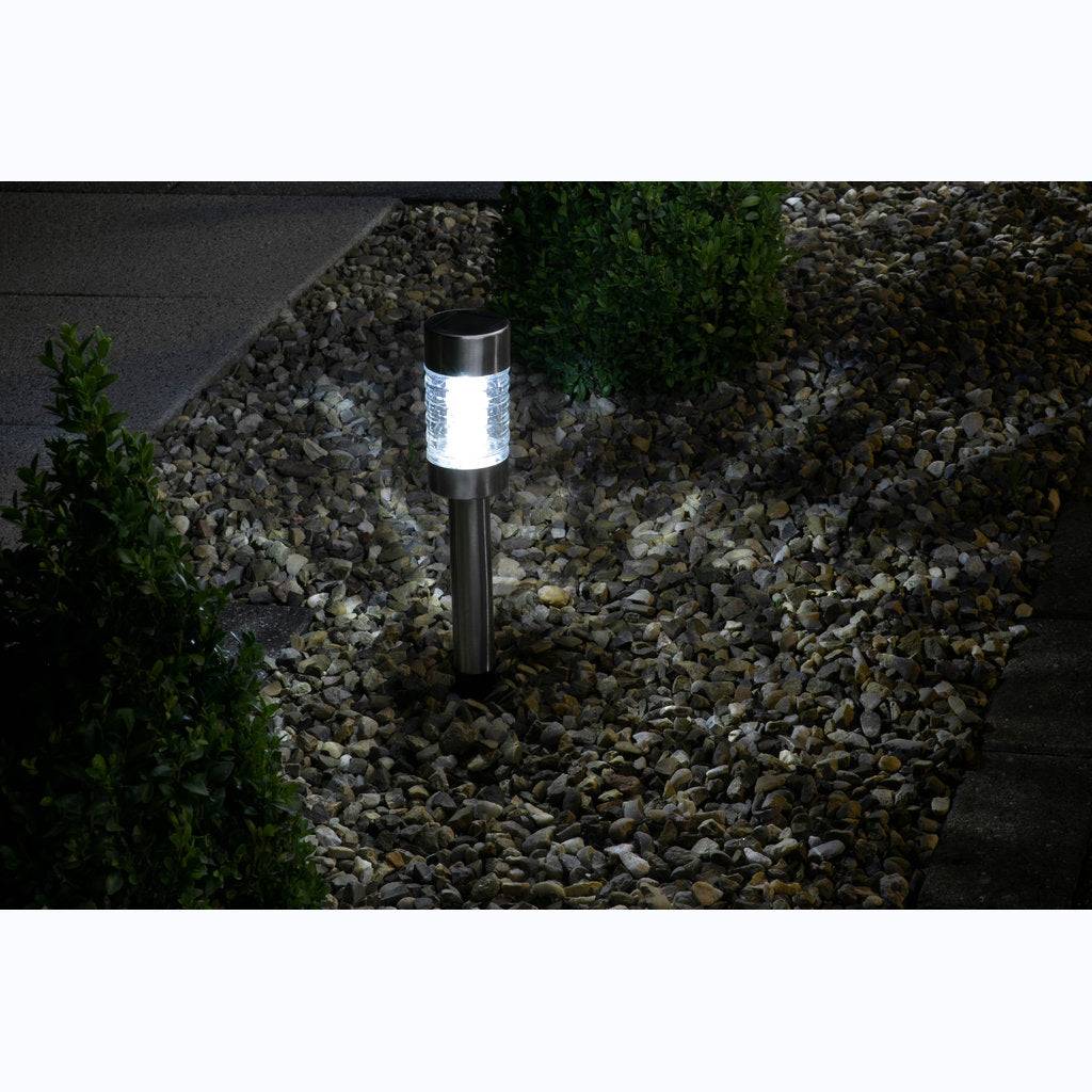 Balise solaire inox 42 cm, verre rainuré, halo lumineux ao sol, à planter ou poser, design moderne - Image 5