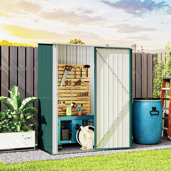 Armoire de jardin métal rangement outillage extérieur toit incliné 161x94x196cm vert - ComfortXL Outdoor Living - Image 4