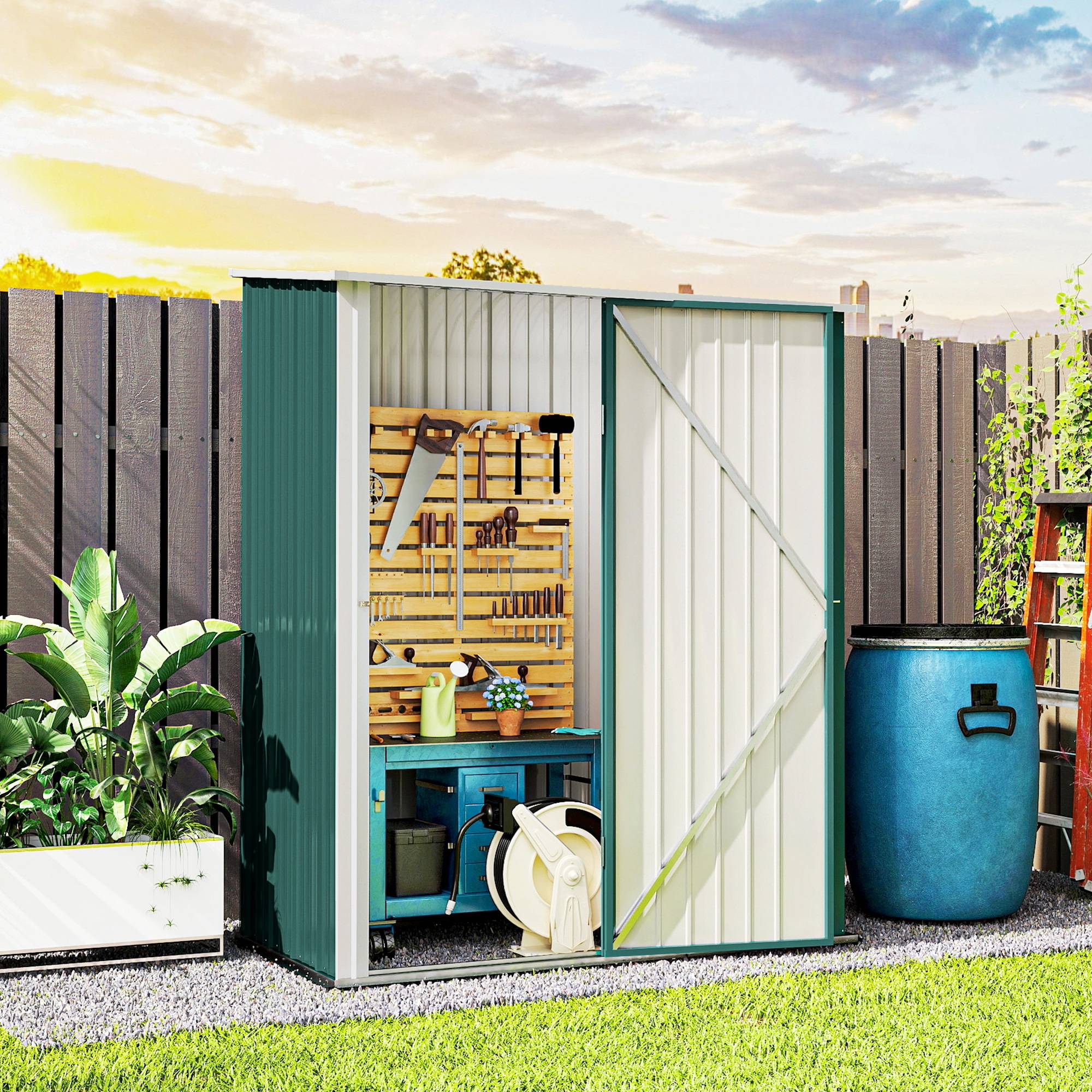 Armoire de jardin métal rangement outillage extérieur toit incliné 161x94x196cm vert - ComfortXL Outdoor Living - Image 4