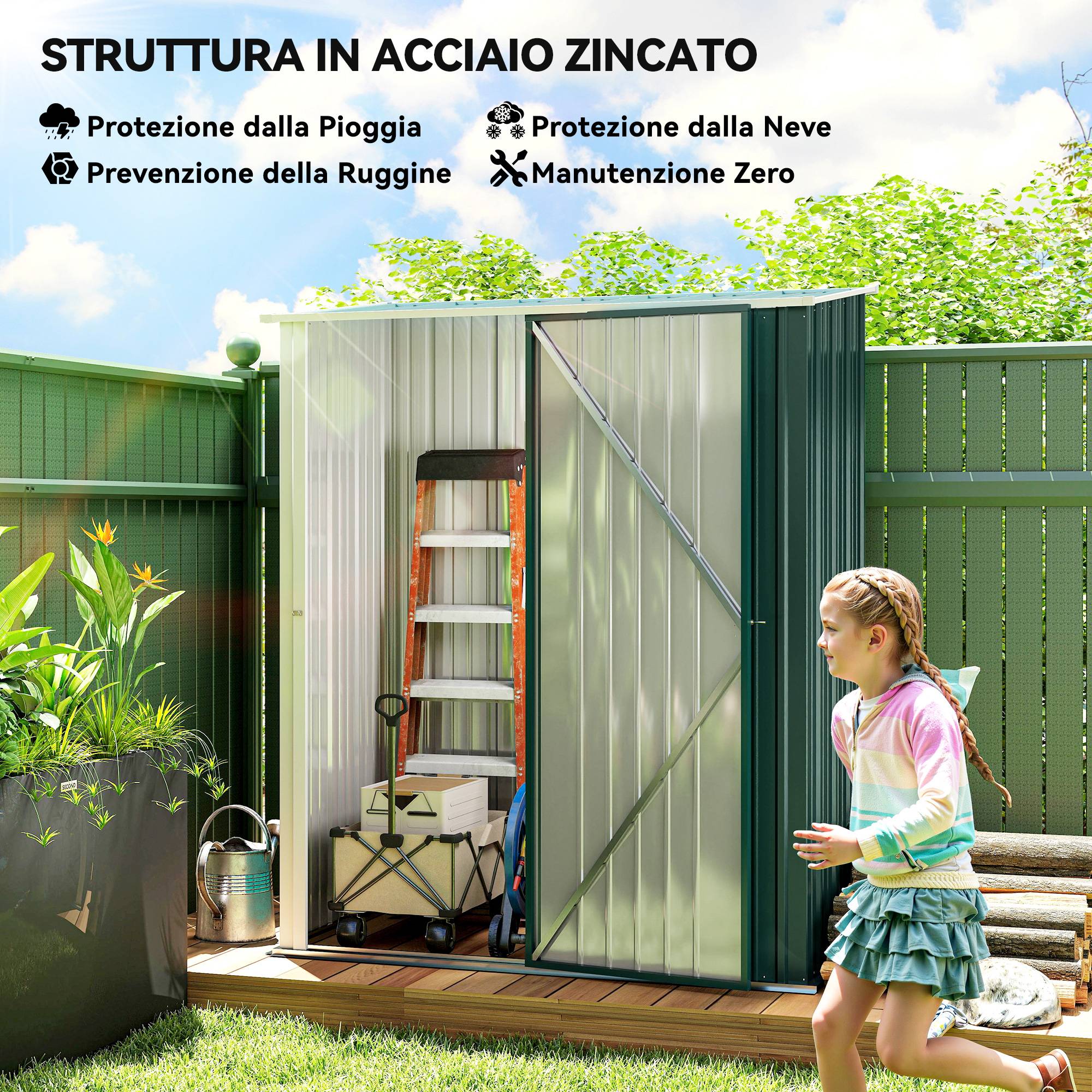 Armoire de jardin métal rangement outillage extérieur toit incliné 161x94x196cm vert - ComfortXL Outdoor Living - Image 6