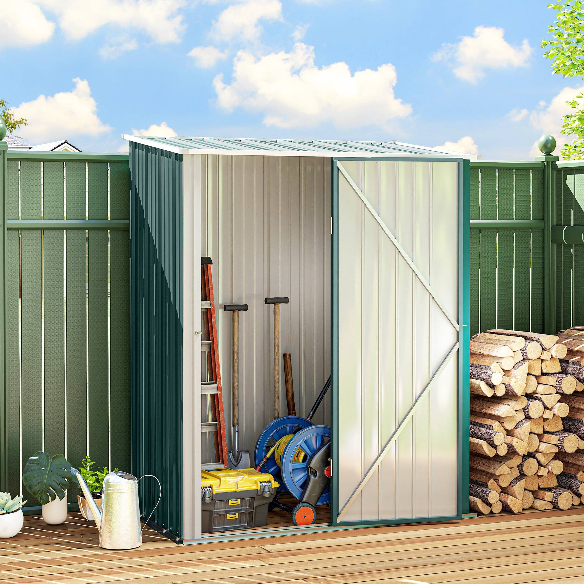 Armoire de jardin métal rangement outillage extérieur toit incliné 161x94x196cm vert - ComfortXL Outdoor Living - Image 3