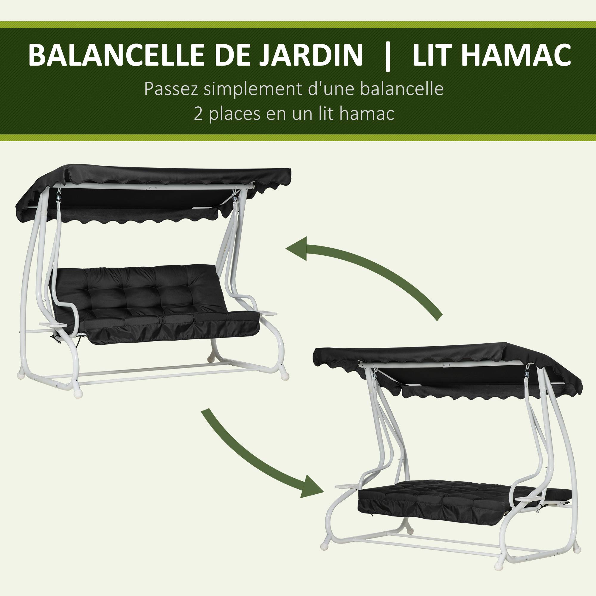 Outsunny - Balancelle de jardin convertible 2 places toit inclinaison réglable coussins inclus plateaux porte-gobelets acier polyester noir - Outsunny - Imagen 4