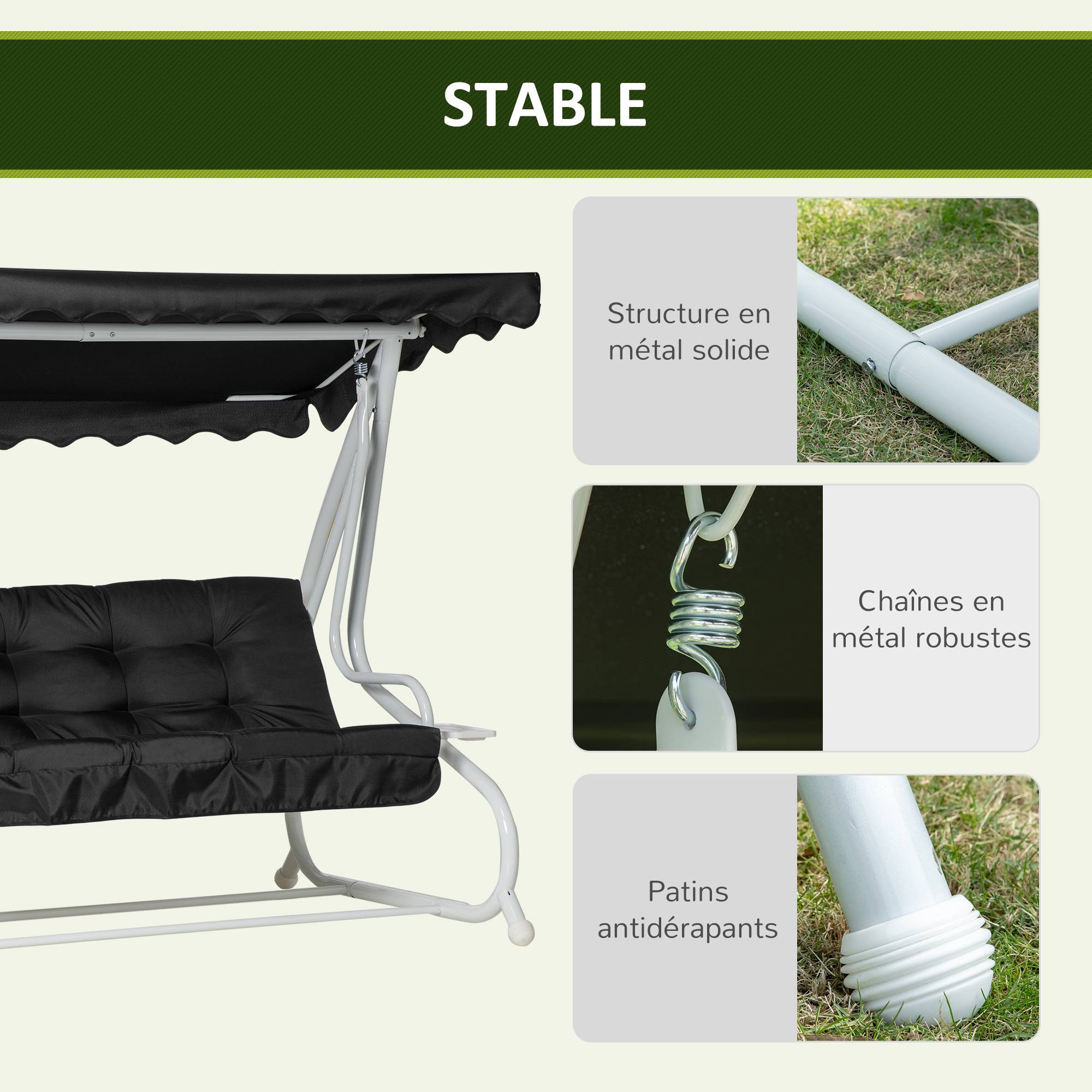 Outsunny - Balancelle de jardin convertible 2 places toit inclinaison réglable coussins inclus plateaux porte-gobelets acier polyester noir - Outsunny - Imagen 7