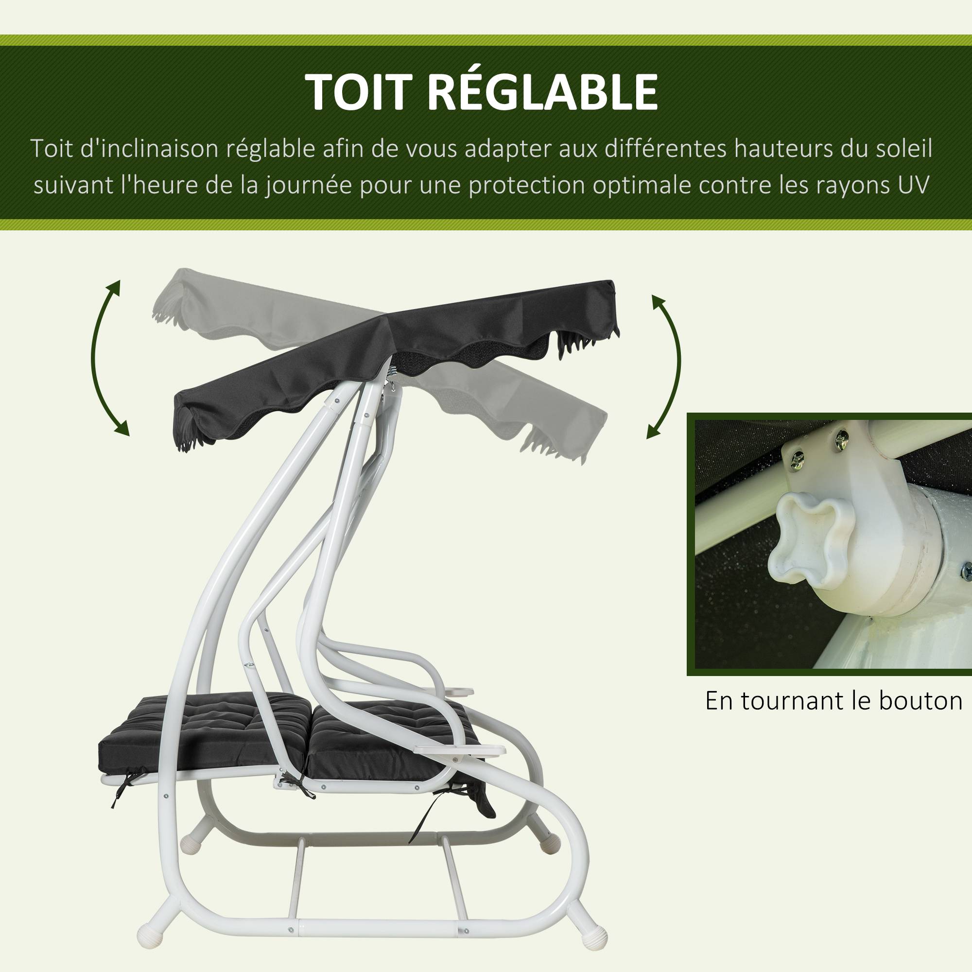 Outsunny - Balancelle de jardin convertible 2 places toit inclinaison réglable coussins inclus plateaux porte-gobelets acier polyester noir - Outsunny - Imagen 5